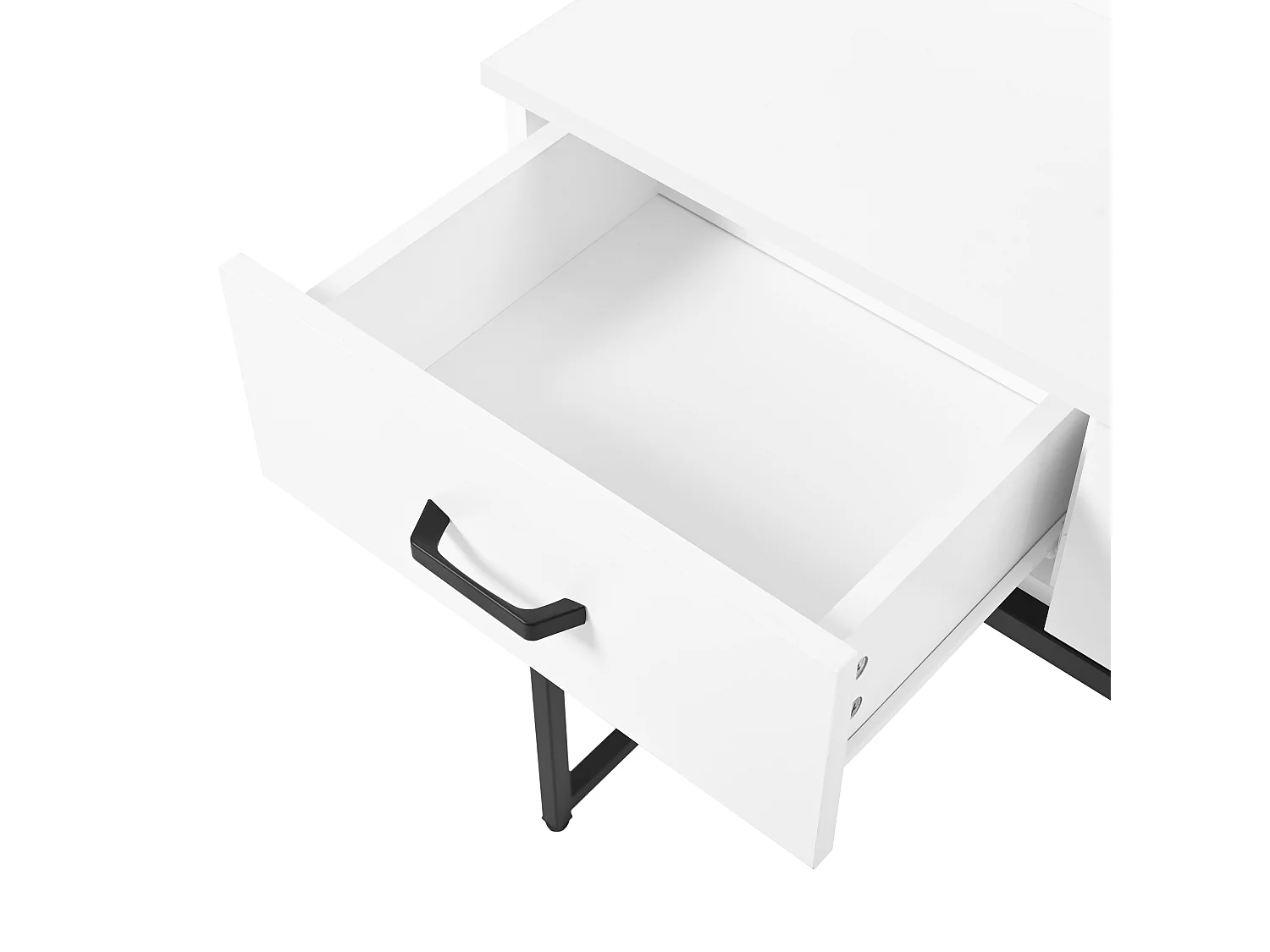Coiffeuse blanche avec miroir LED et prise de courant, pieds en métal noir - tabouret inclus
