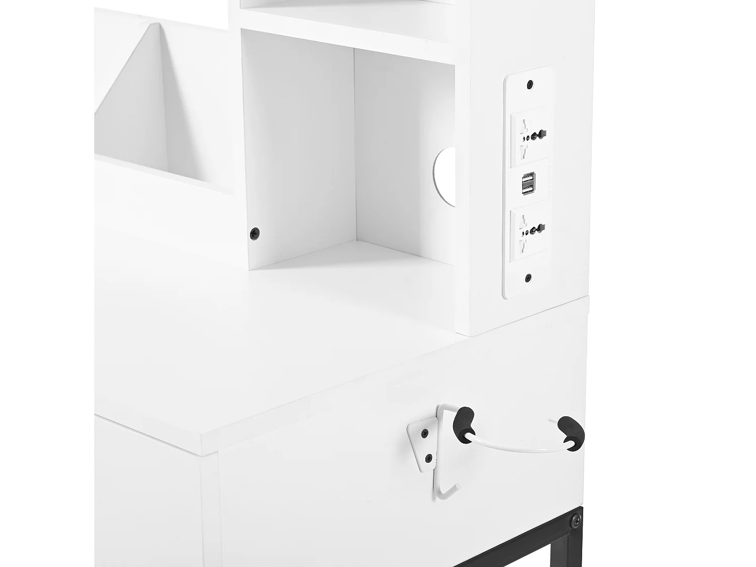Coiffeuse blanche avec miroir LED et prise de courant, pieds en métal noir - tabouret inclus