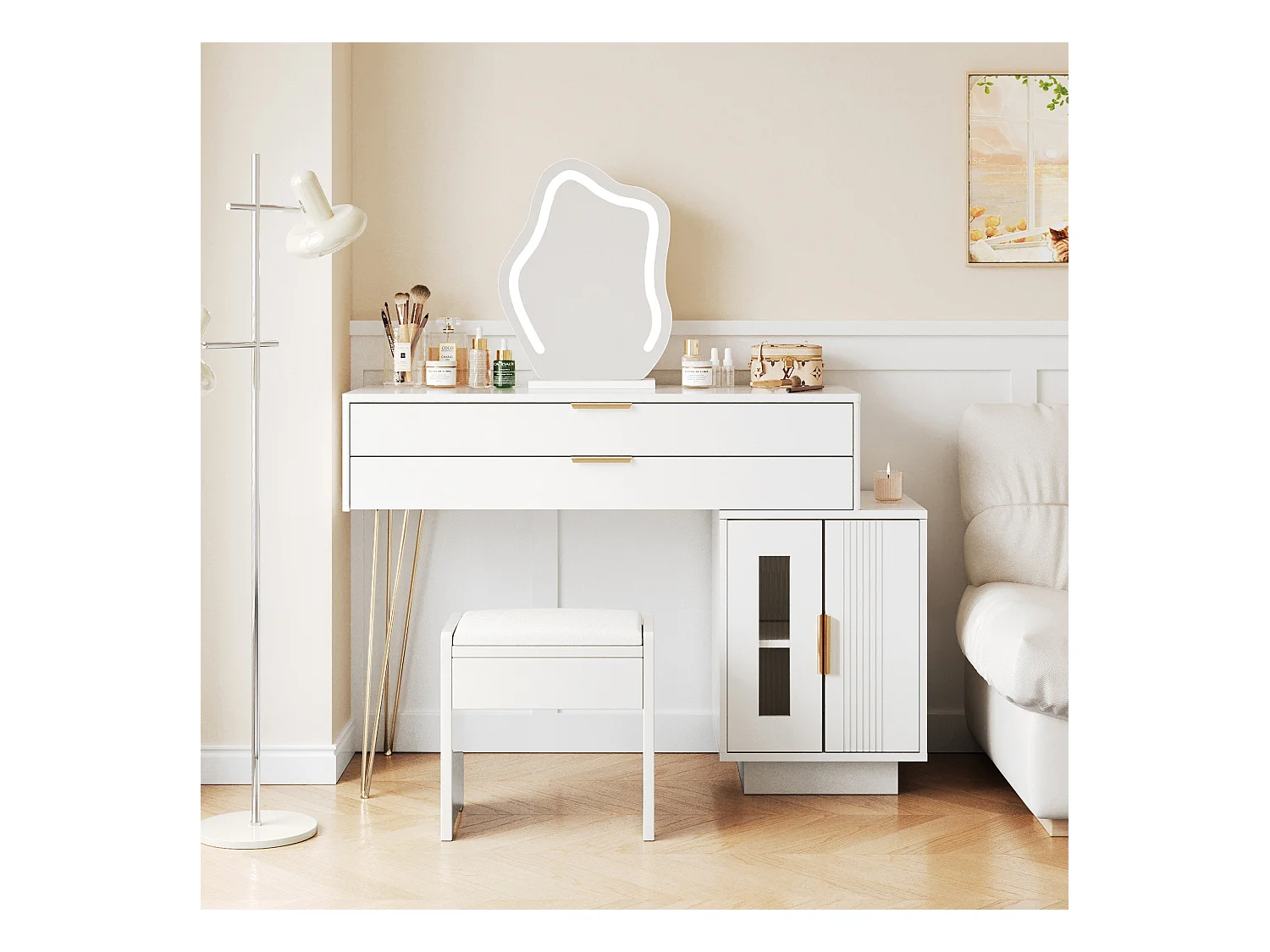 Coiffeuse blanche avec armoire et 2 tiroirs, miroir éclairé par LED - Tabouret non inclus