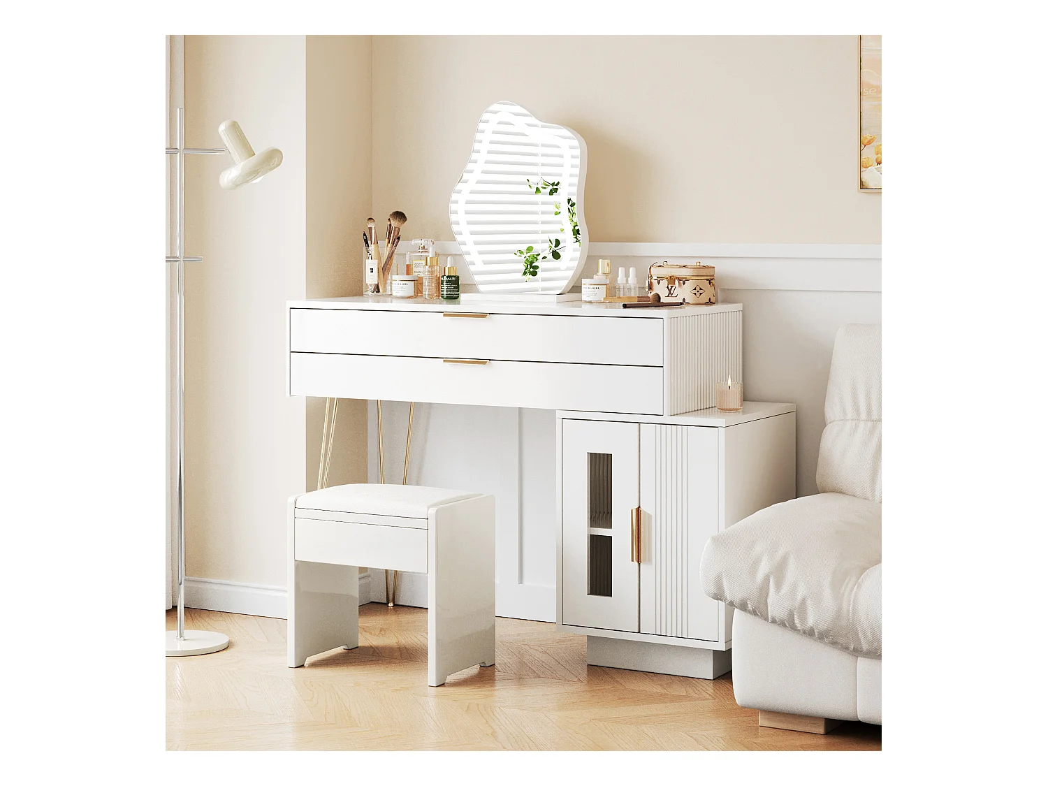 Coiffeuse blanche avec armoire et 2 tiroirs, miroir éclairé par LED - Tabouret non inclus