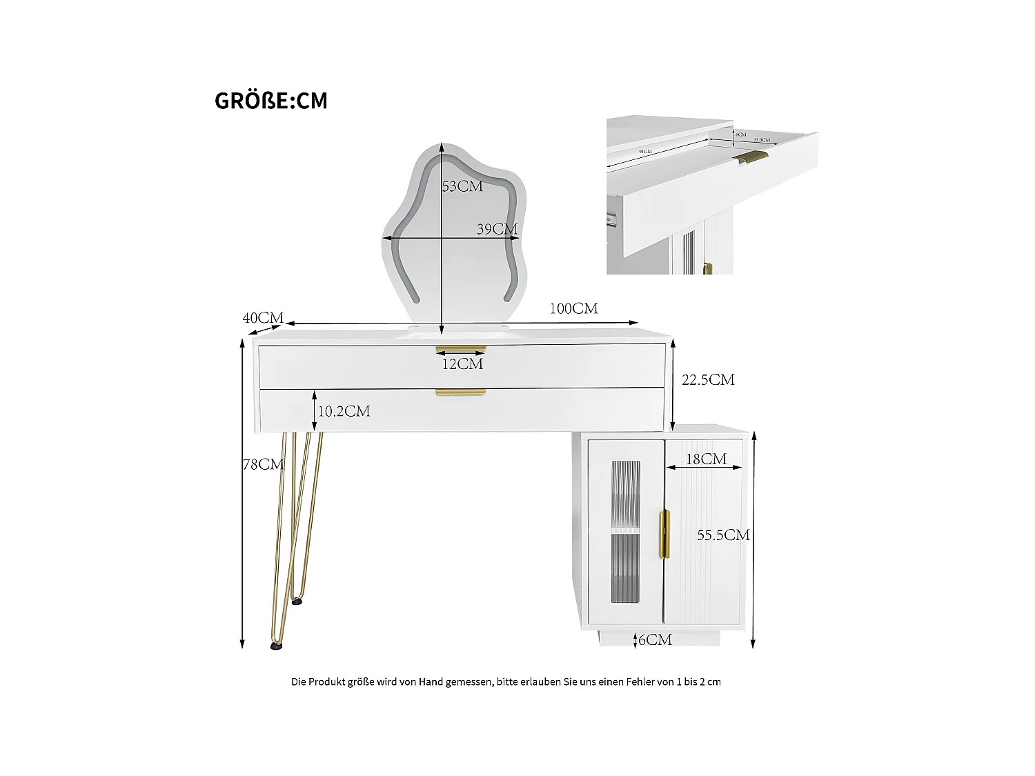 Coiffeuse blanche avec armoire et 2 tiroirs, miroir éclairé par LED - Tabouret non inclus