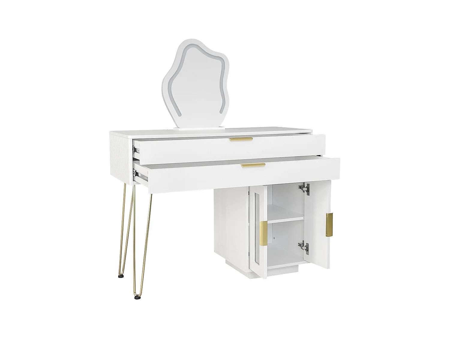 Coiffeuse blanche avec armoire et 2 tiroirs, miroir éclairé par LED - Tabouret non inclus