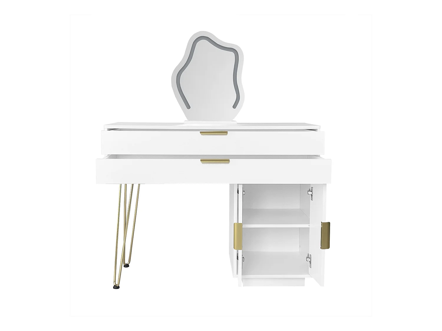 Coiffeuse blanche avec armoire et 2 tiroirs, miroir éclairé par LED - Tabouret non inclus