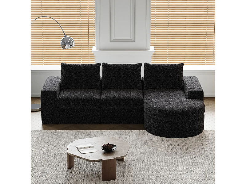 Modułowa sofa 3-osobowa z czarnej tkaniny szenilowej z zaokrąglonym szezlongiem - Tapicerowane oparcie