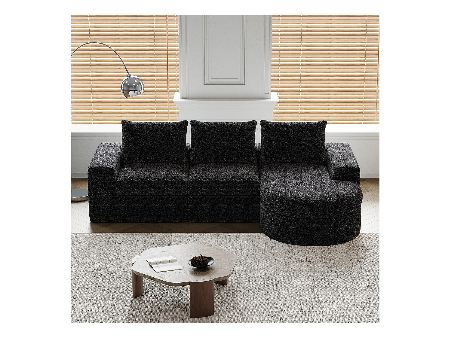 Canapé modulable 3 places en tissu chenille noir avec méridienne arrondie - dossier rembourré