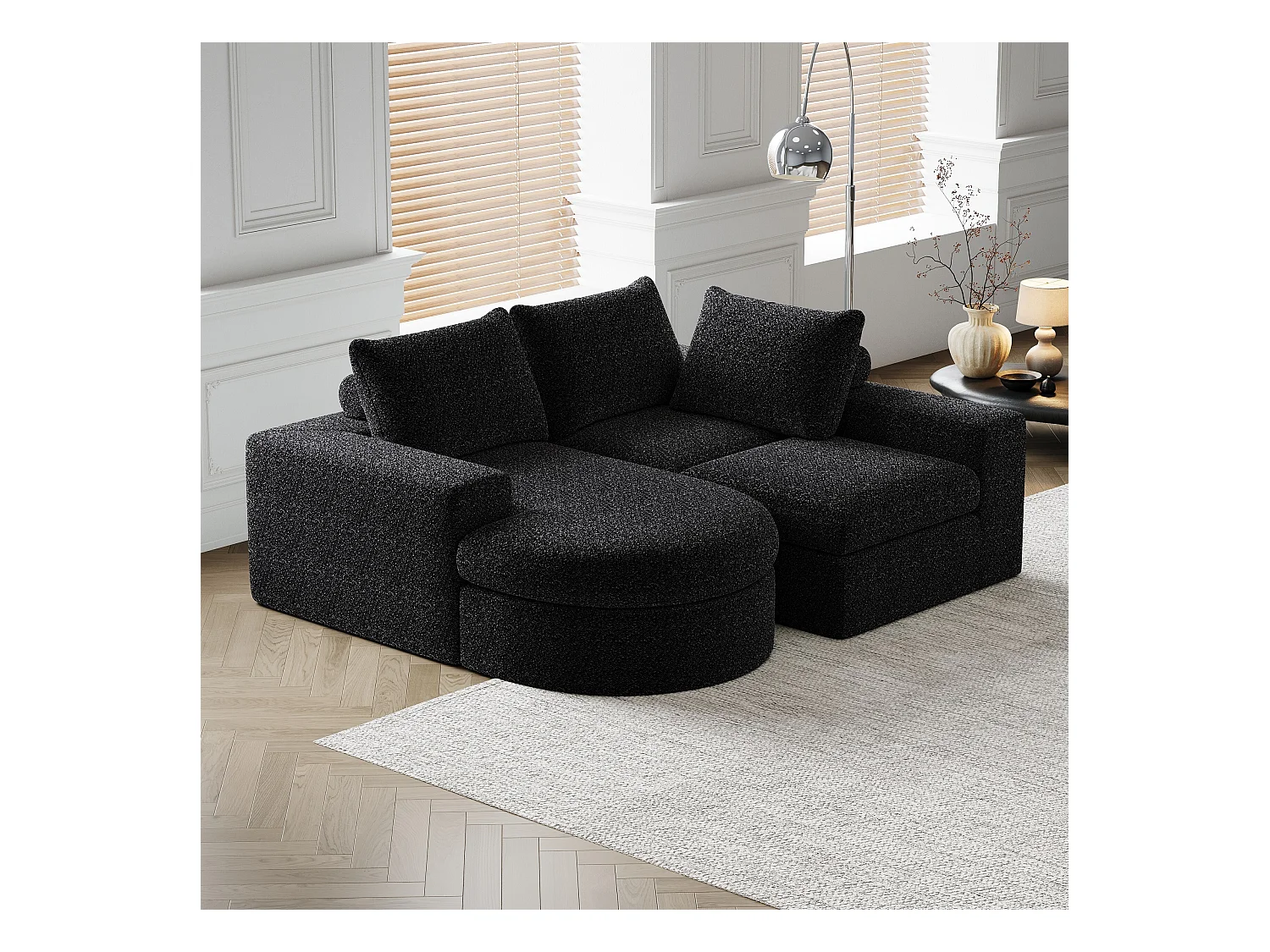 Canapé modulable 3 places en tissu chenille noir avec méridienne arrondie - dossier rembourré