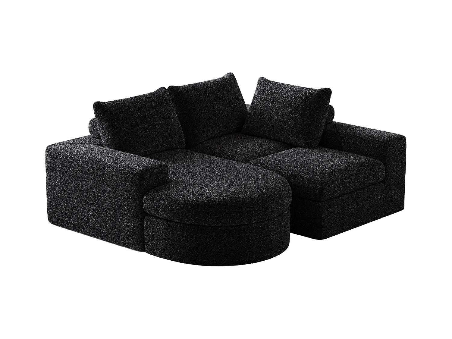 Canapé modulable 3 places en tissu chenille noir avec méridienne arrondie - dossier rembourré