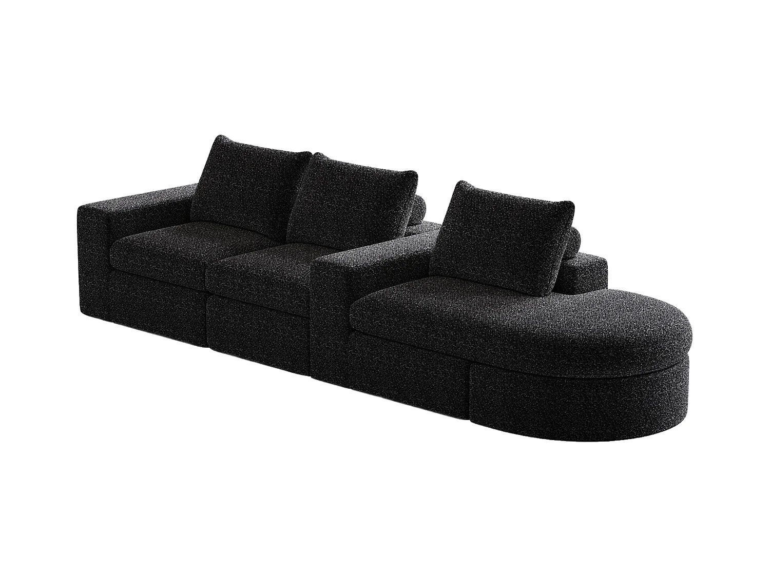 Canapé modulable 3 places en tissu chenille noir avec méridienne arrondie - dossier rembourré