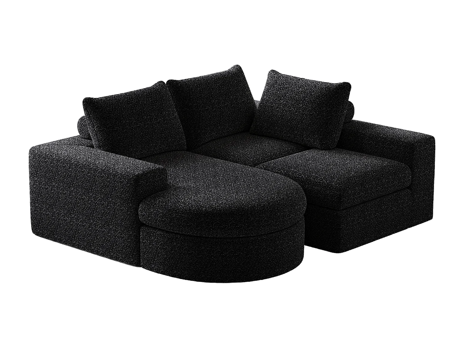Modulaire 3-zitsbank in zwarte chenille stof met afgeronde chaise longue - Gewatteerde rugleuning