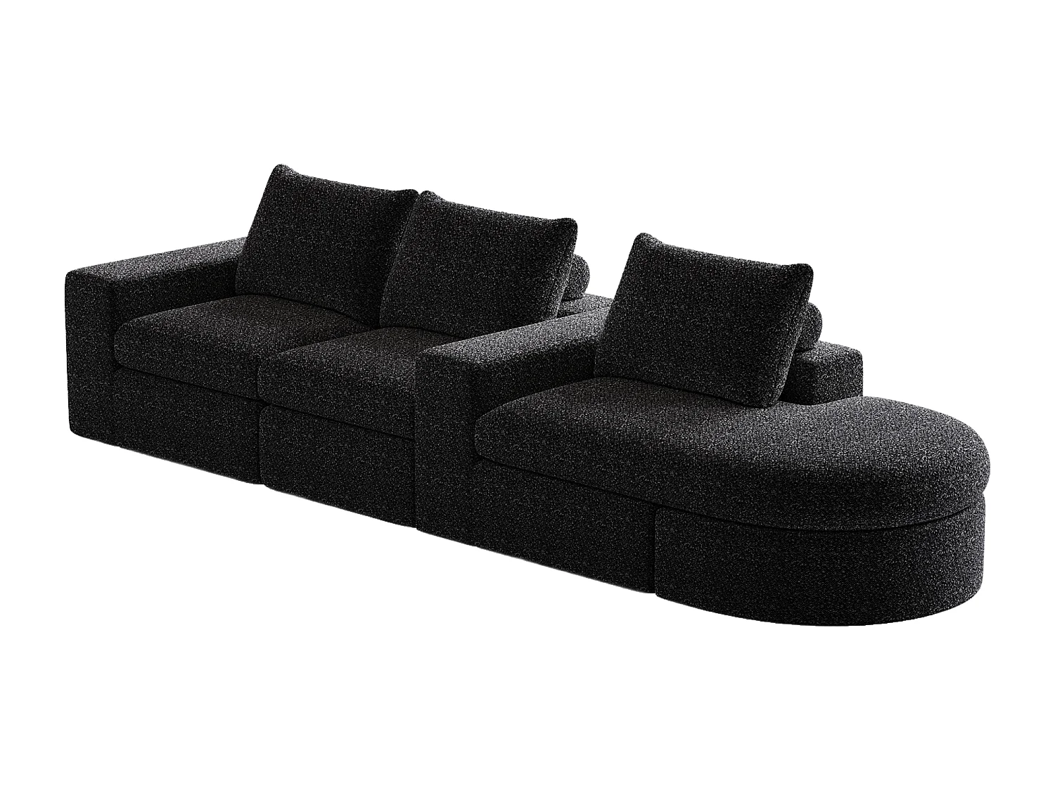 Modulaire 3-zitsbank in zwarte chenille stof met afgeronde chaise longue - Gewatteerde rugleuning