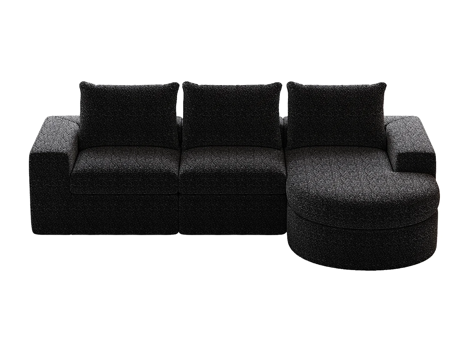 Modulaire 3-zitsbank in zwarte chenille stof met afgeronde chaise longue - Gewatteerde rugleuning