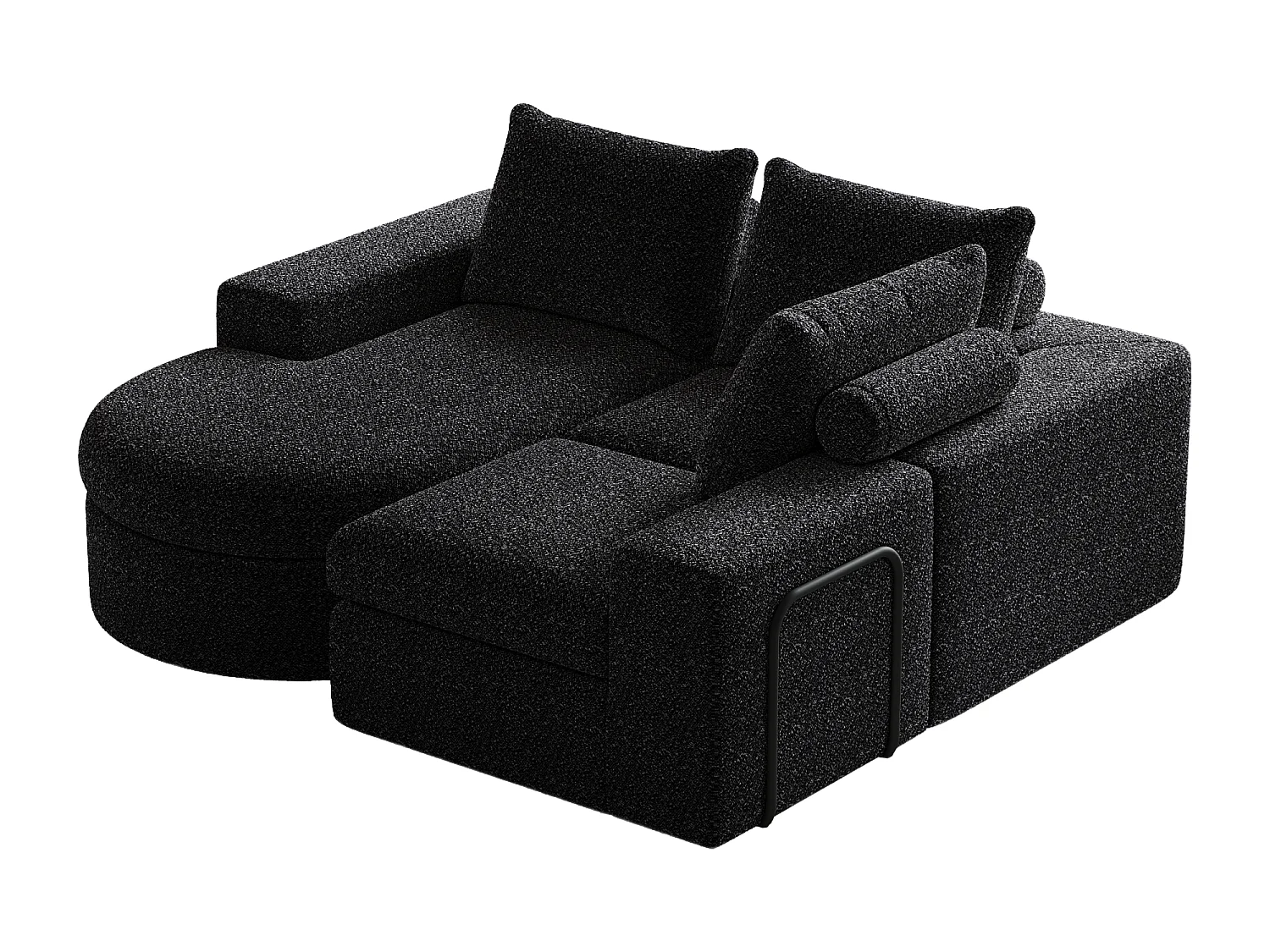 Modulaire 3-zitsbank in zwarte chenille stof met afgeronde chaise longue - Gewatteerde rugleuning