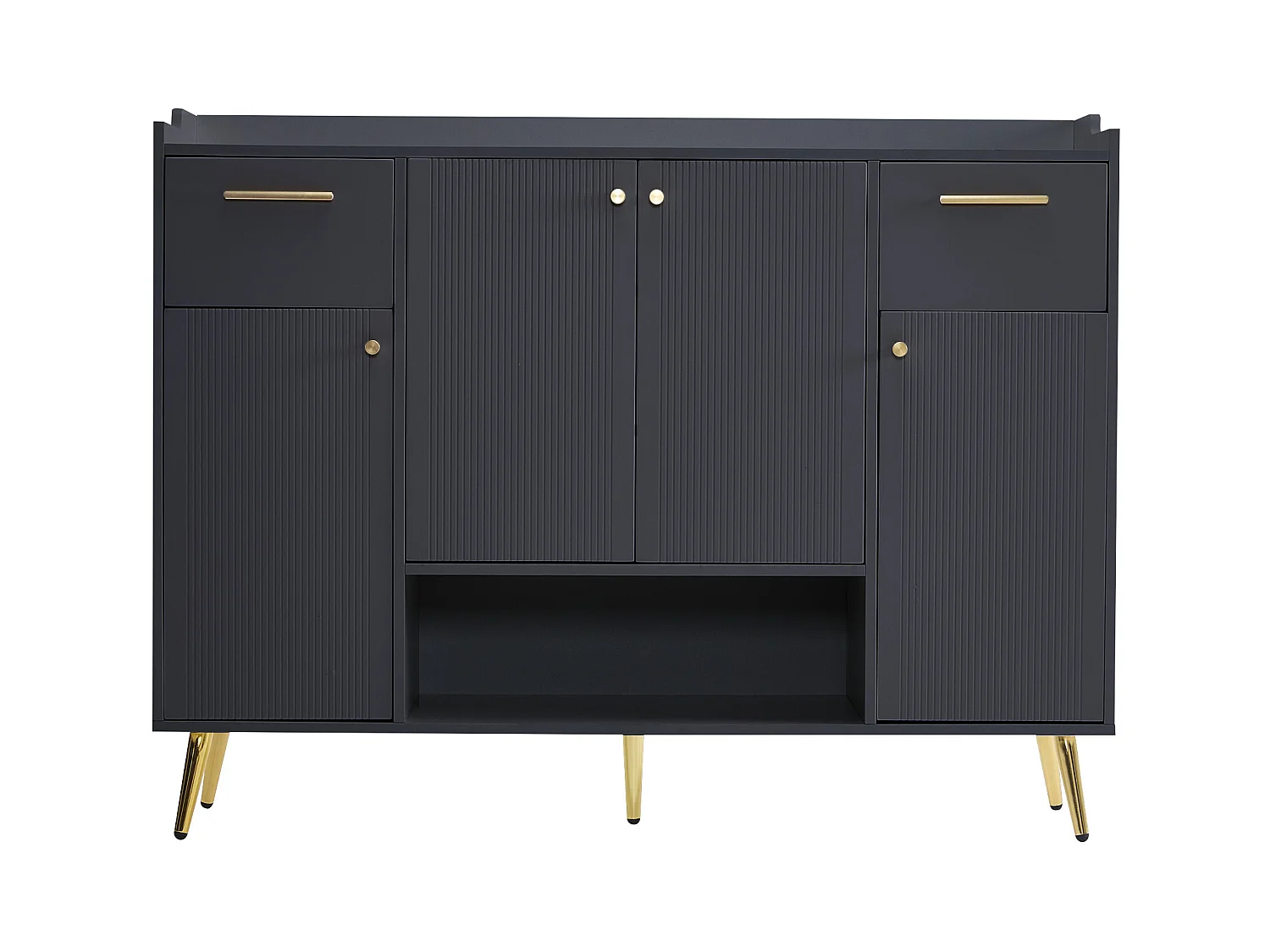 Meuble à chaussures noir avec 2 tiroirs de rangement et 4 portes, poignées et pieds dorés