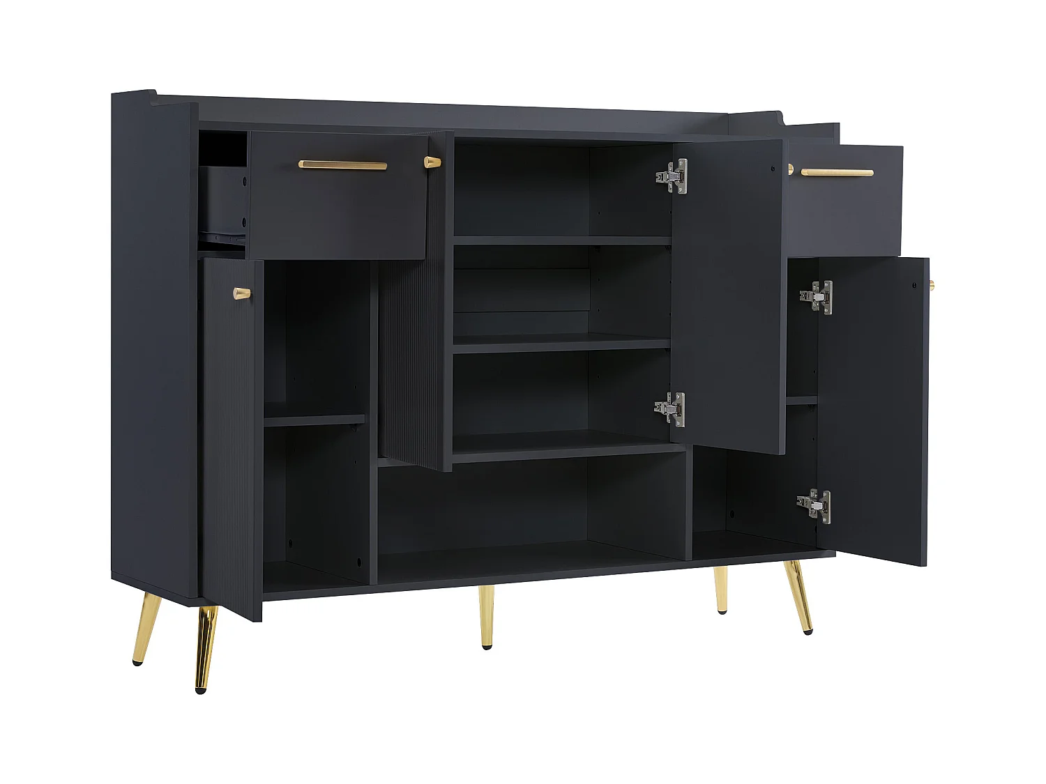 Meuble à chaussures noir avec 2 tiroirs de rangement et 4 portes, poignées et pieds dorés