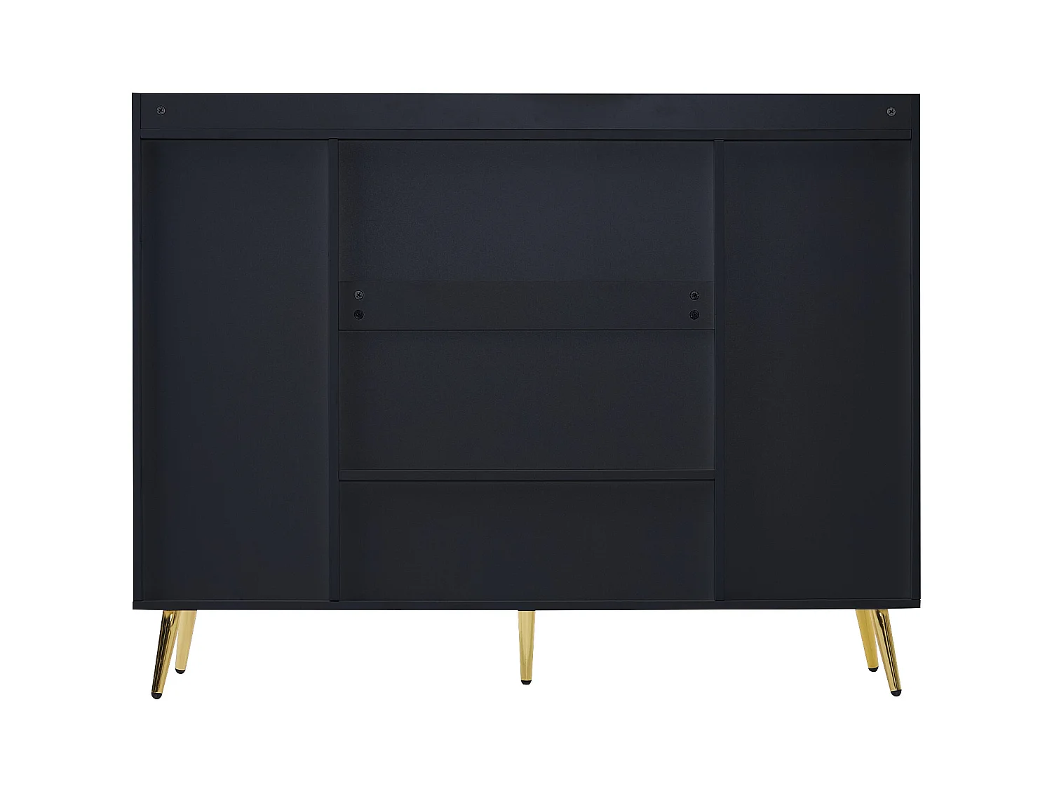 Meuble à chaussures noir avec 2 tiroirs de rangement et 4 portes, poignées et pieds dorés