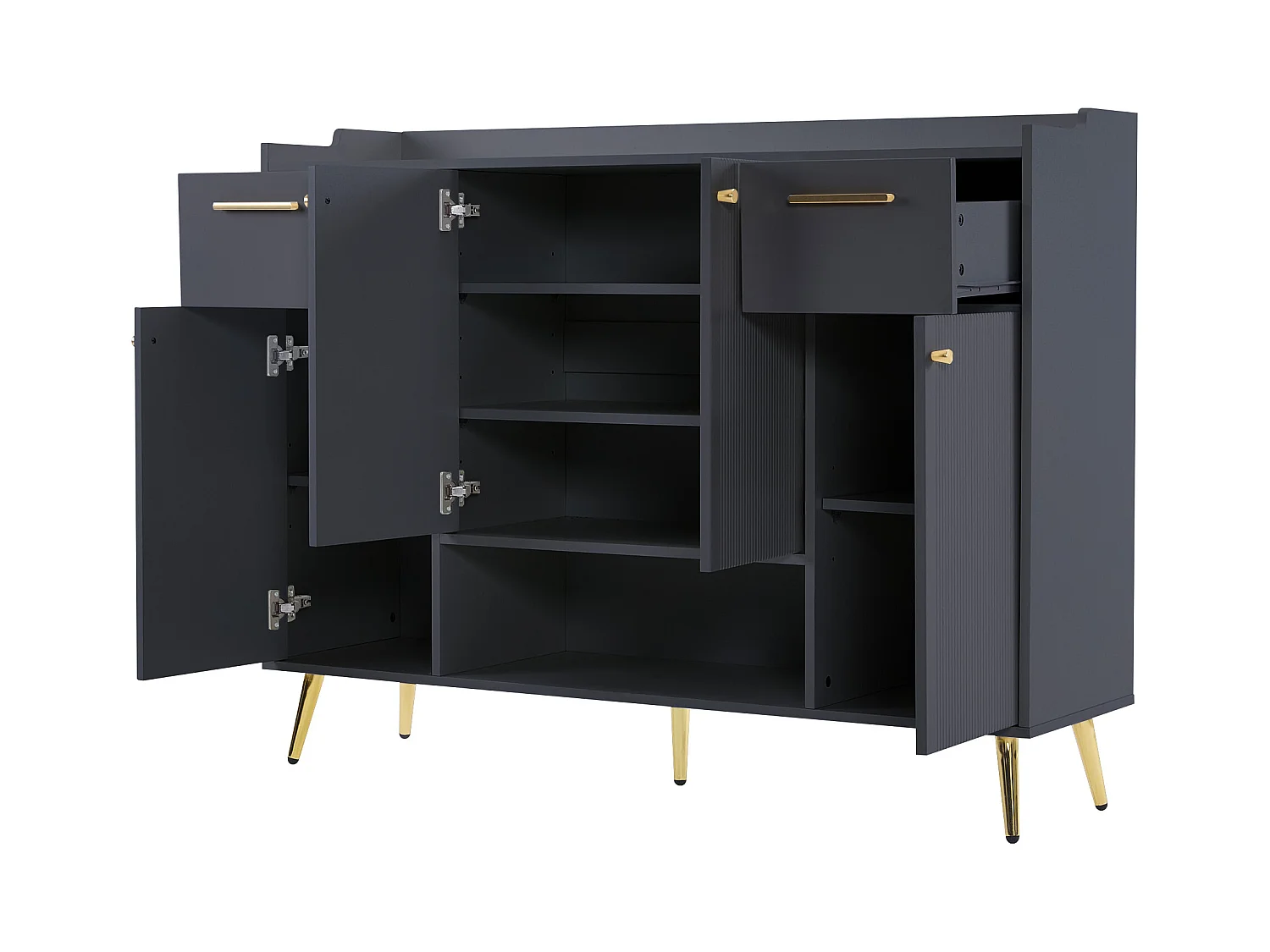 Meuble à chaussures noir avec 2 tiroirs de rangement et 4 portes, poignées et pieds dorés