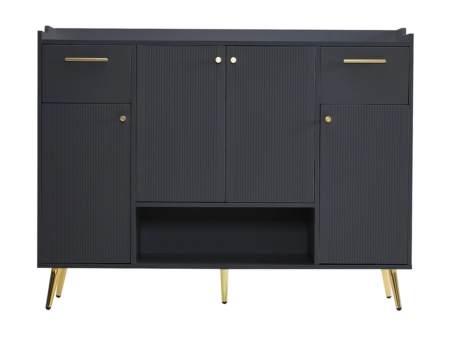 Meuble à chaussures noir avec 2 tiroirs de rangement et 4 portes, poignées et pieds dorés