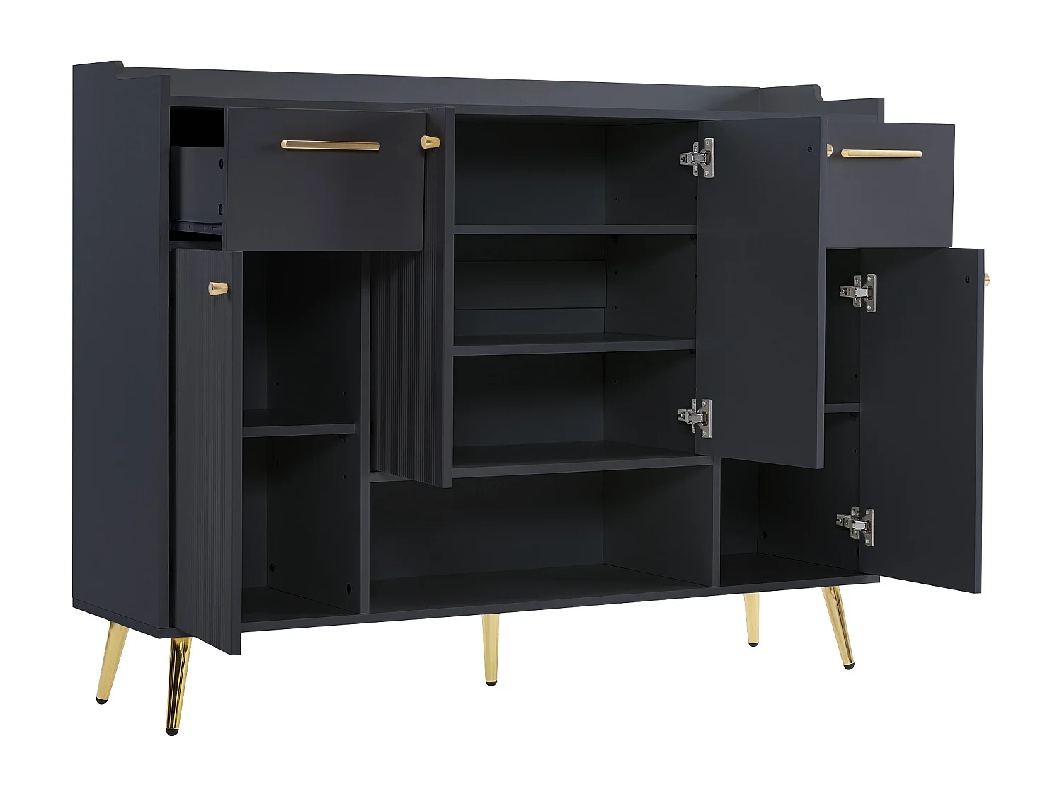 Meuble à chaussures noir avec 2 tiroirs de rangement et 4 portes, poignées et pieds dorés