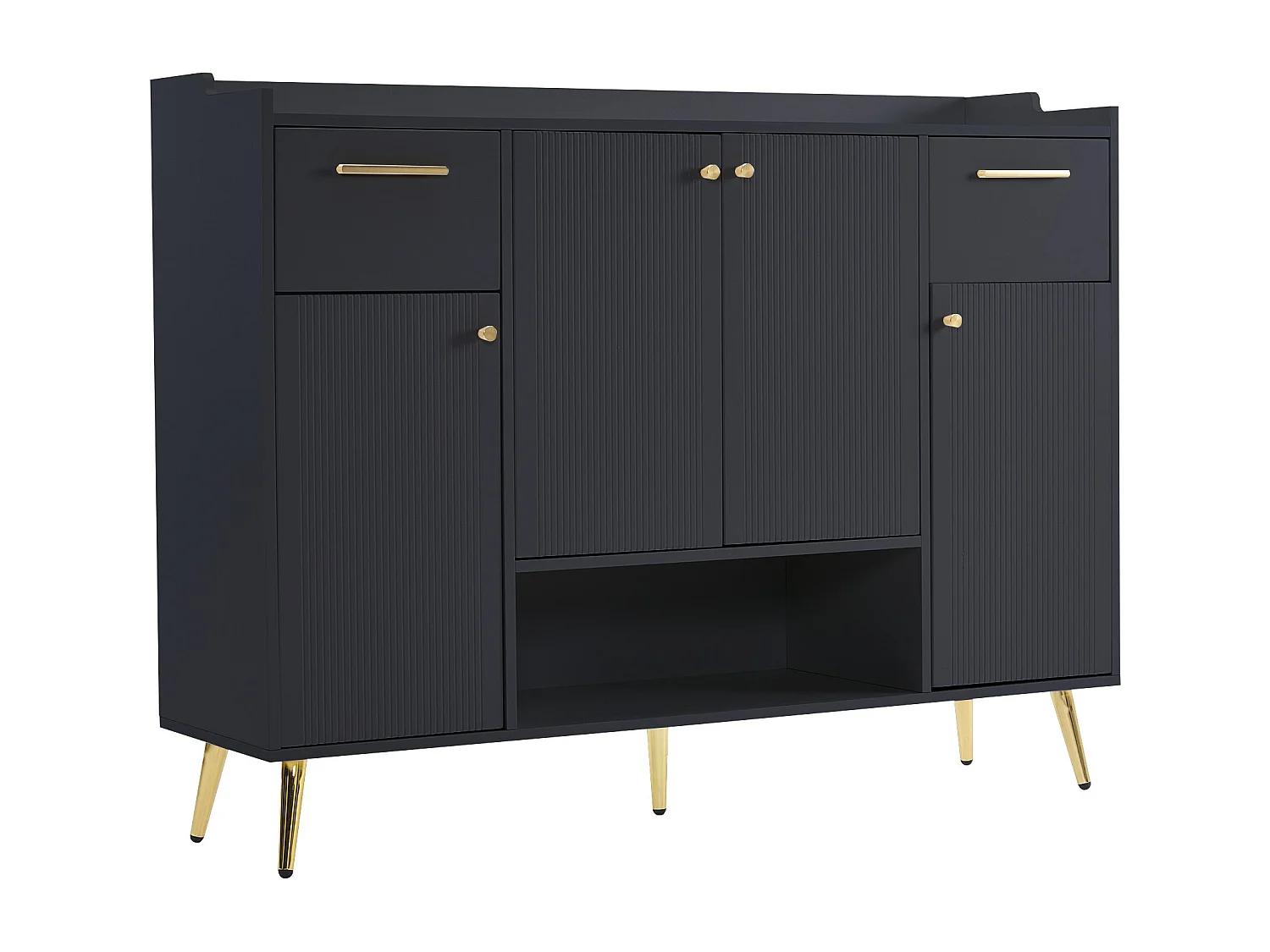 Meuble à chaussures noir avec 2 tiroirs de rangement et 4 portes, poignées et pieds dorés