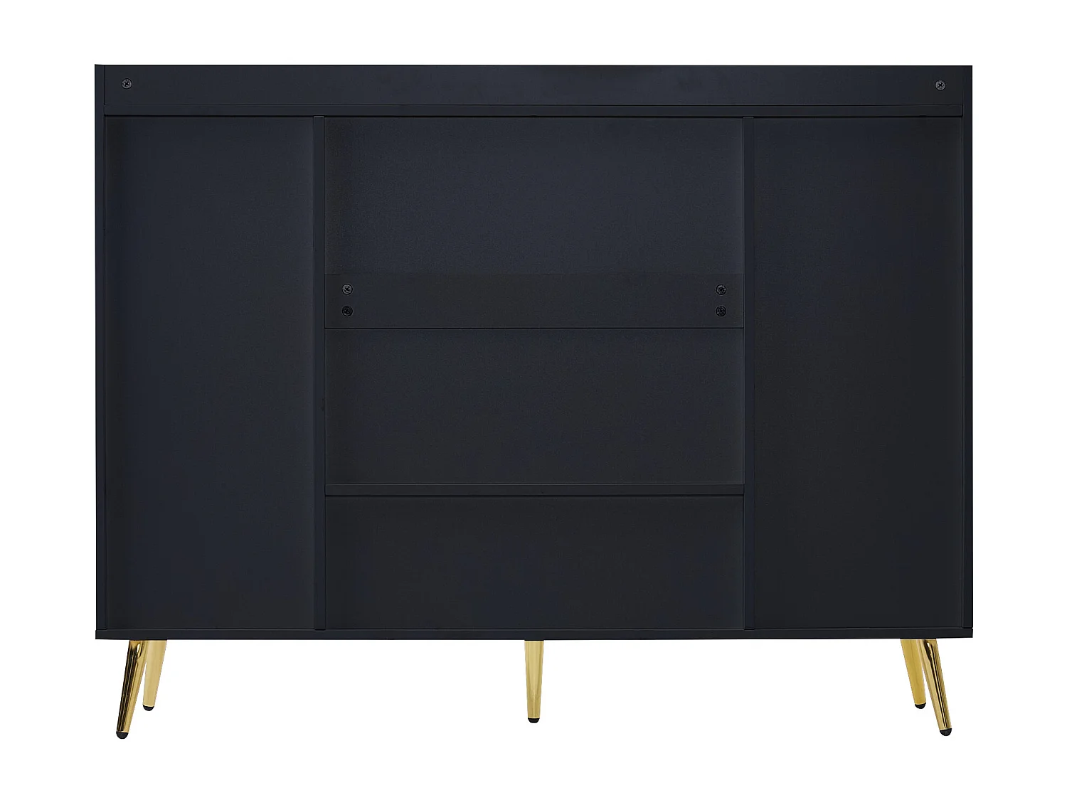 Meuble à chaussures noir avec 2 tiroirs de rangement et 4 portes, poignées et pieds dorés