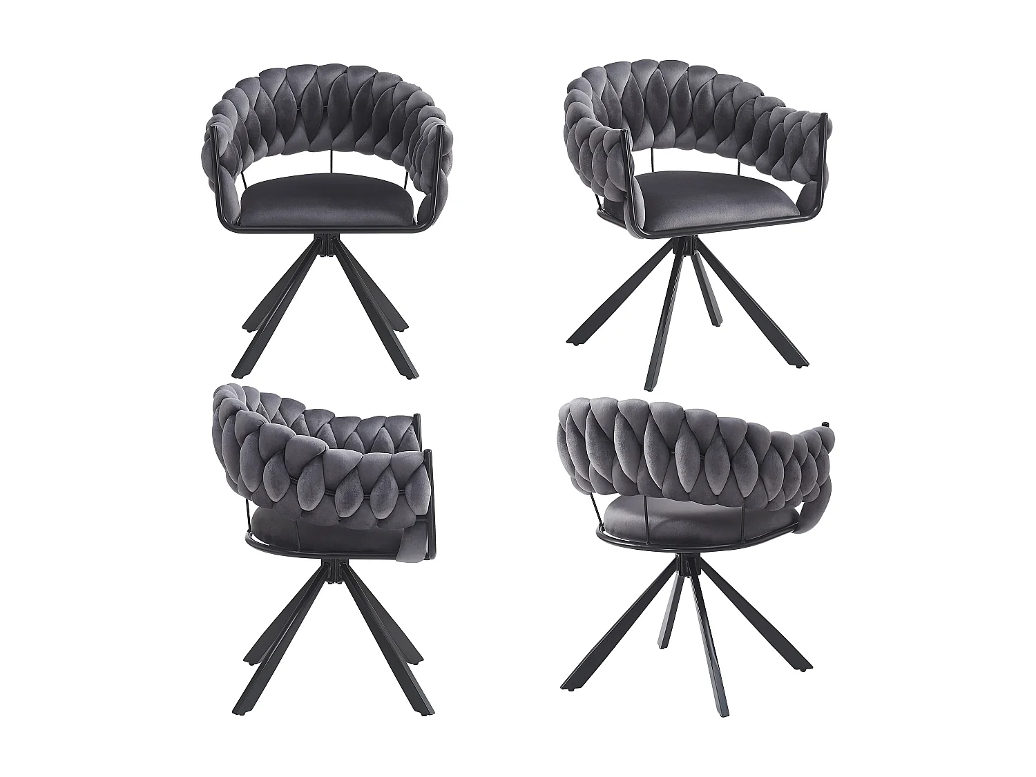 Set van 4 grijze fluwelen eetkamerstoelen met gestoffeerde rugleuningen en klauwvormige metalen poten