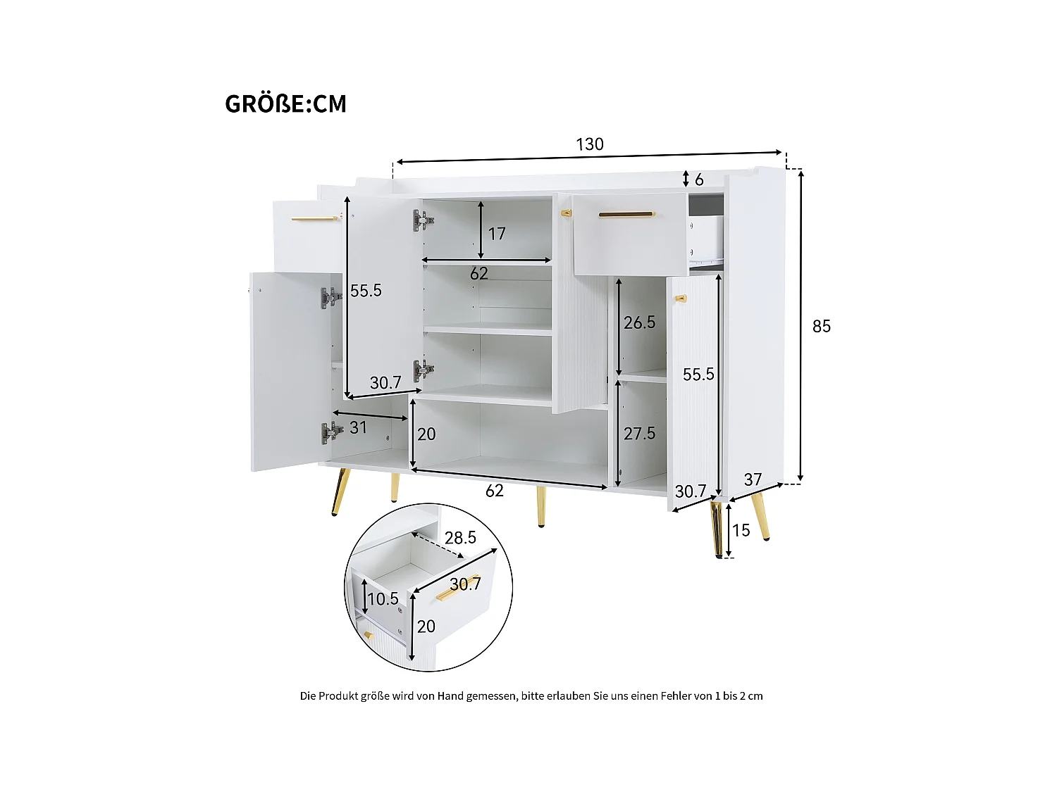 Meuble à chaussures blanc avec 2 tiroirs de rangement et 4 portes, poignées et pieds dorés