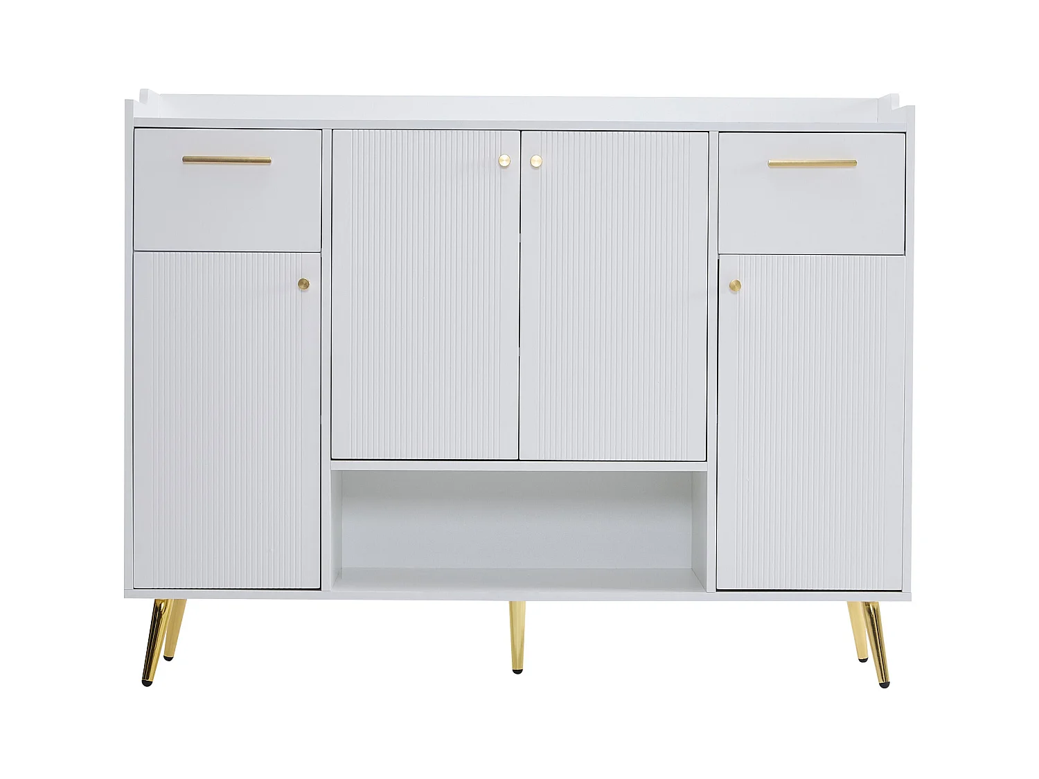 Meuble à chaussures blanc avec 2 tiroirs de rangement et 4 portes, poignées et pieds dorés