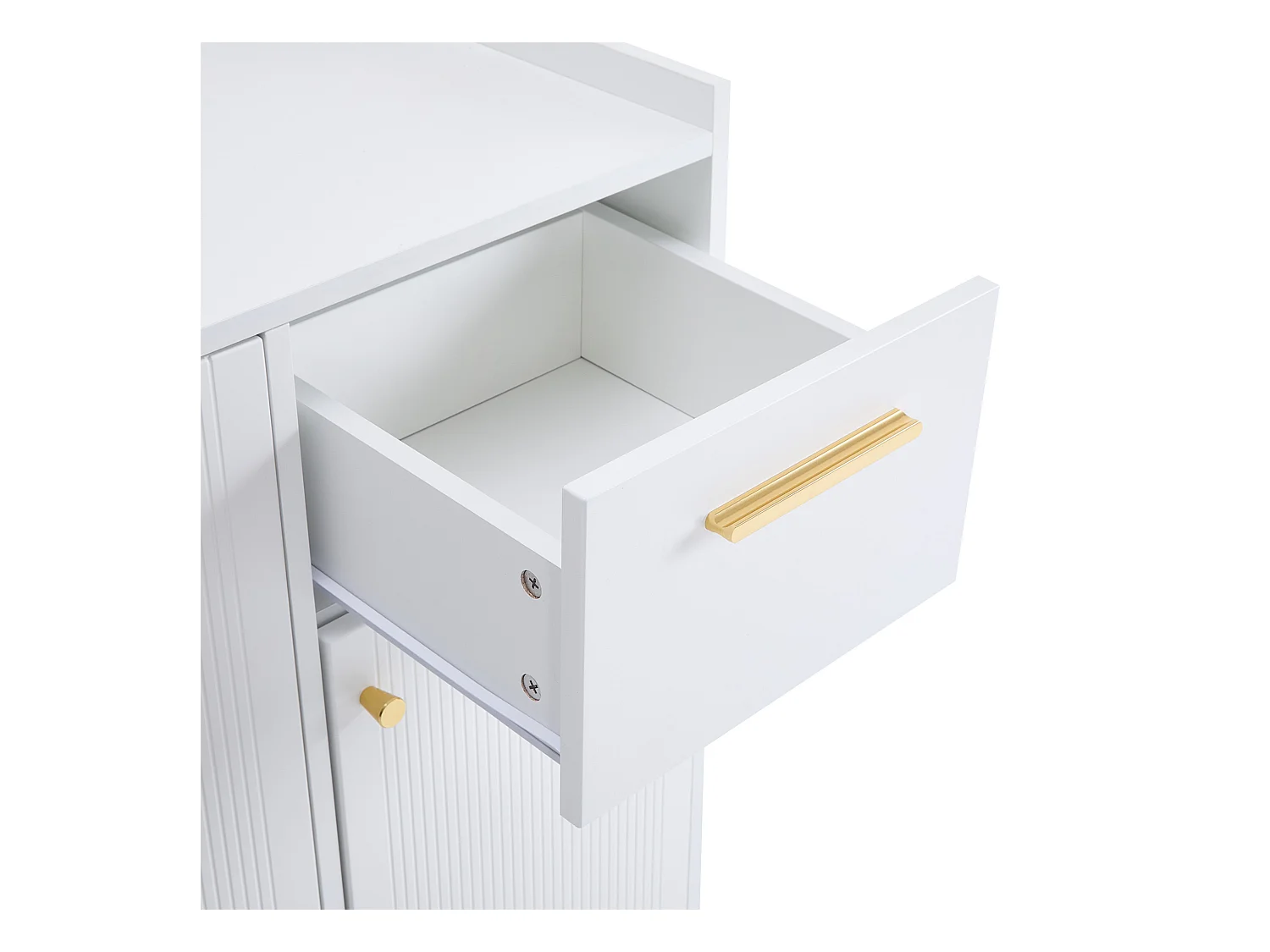 Meuble à chaussures blanc avec 2 tiroirs de rangement et 4 portes, poignées et pieds dorés