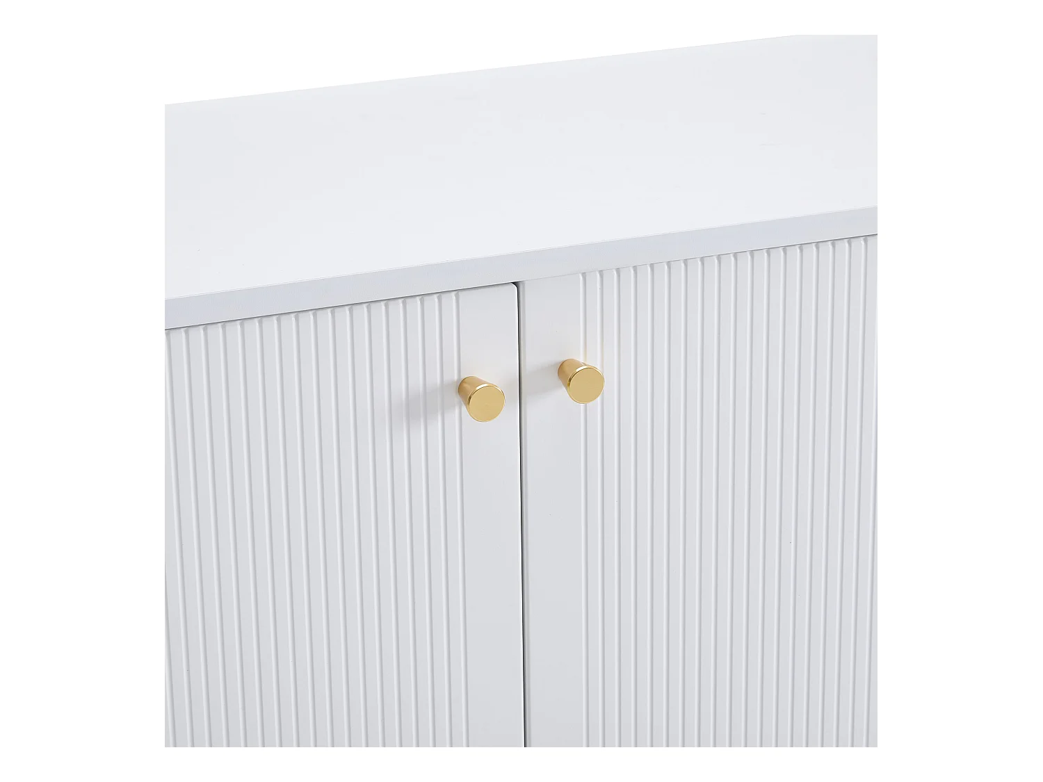 Meuble à chaussures blanc avec 2 tiroirs de rangement et 4 portes, poignées et pieds dorés