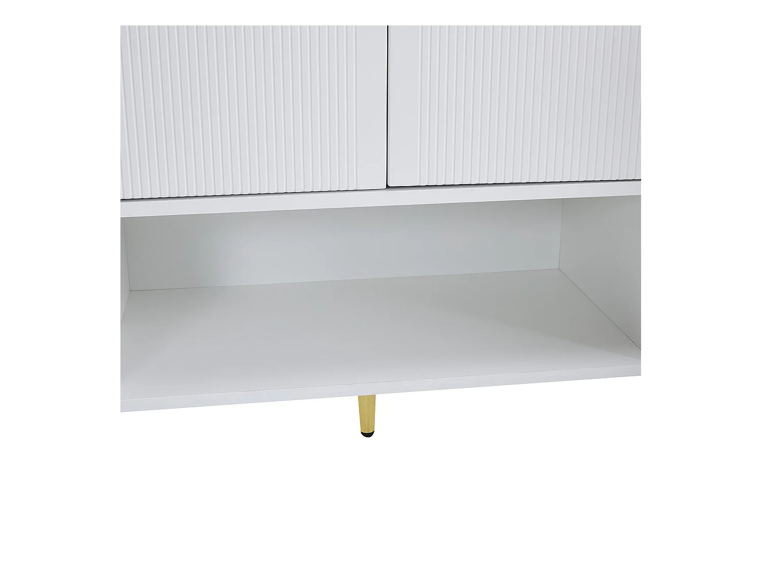 Meuble à chaussures blanc avec 2 tiroirs de rangement et 4 portes, poignées et pieds dorés