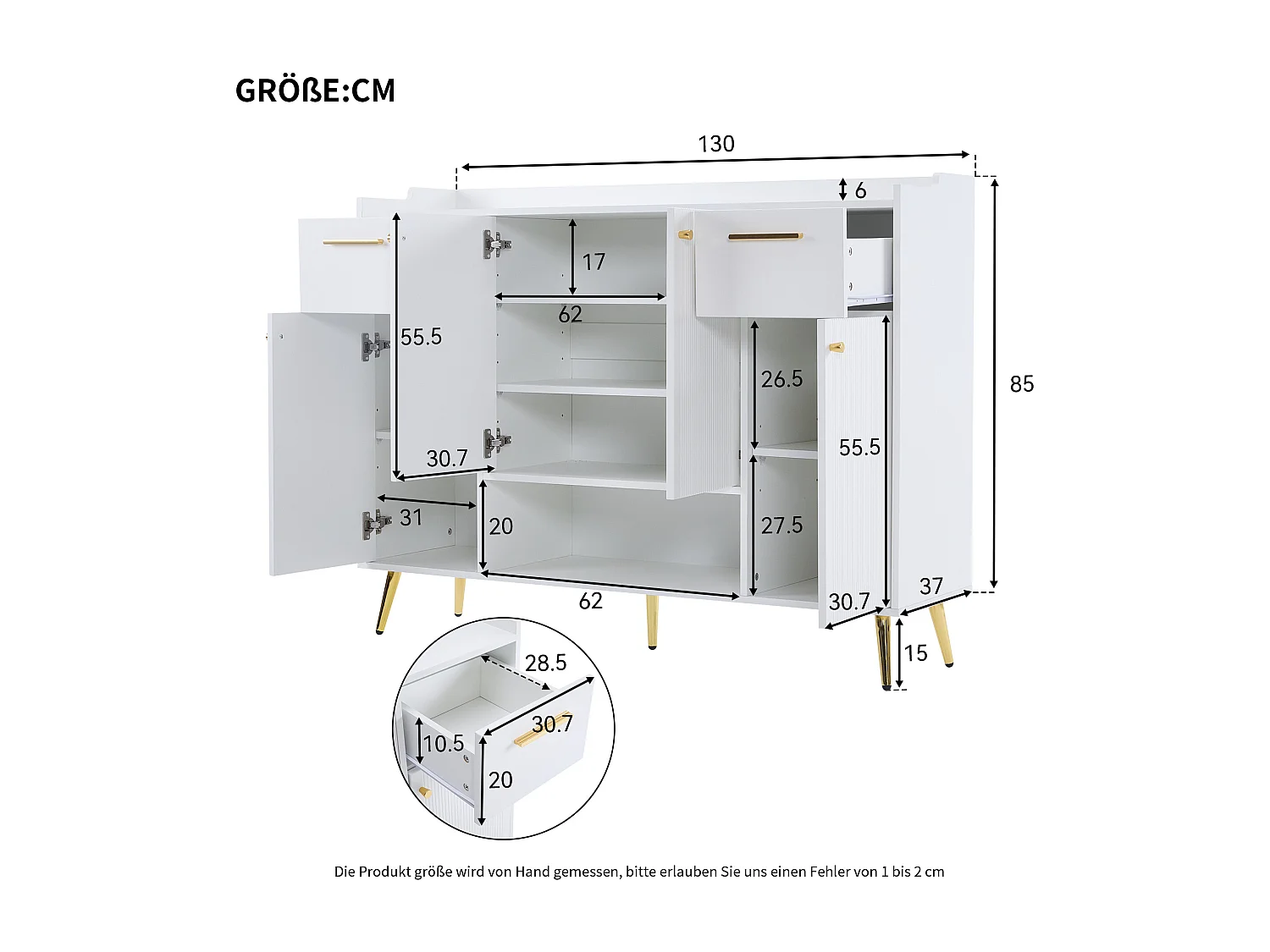 Biała szafka na buty z 2 szufladami i 4 drzwiami, złotymi uchwytami i nogami