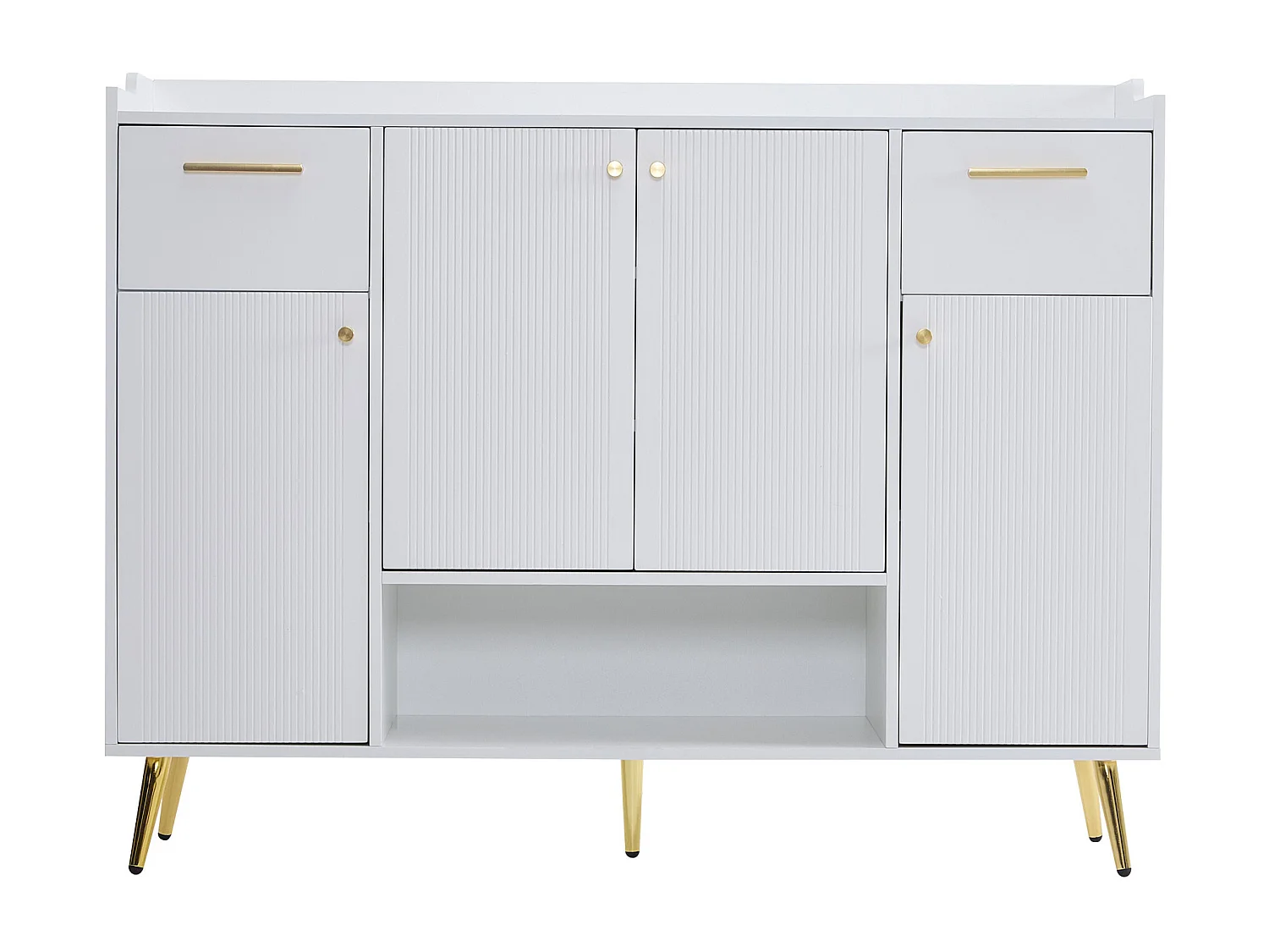 Biała szafka na buty z 2 szufladami i 4 drzwiami, złotymi uchwytami i nogami