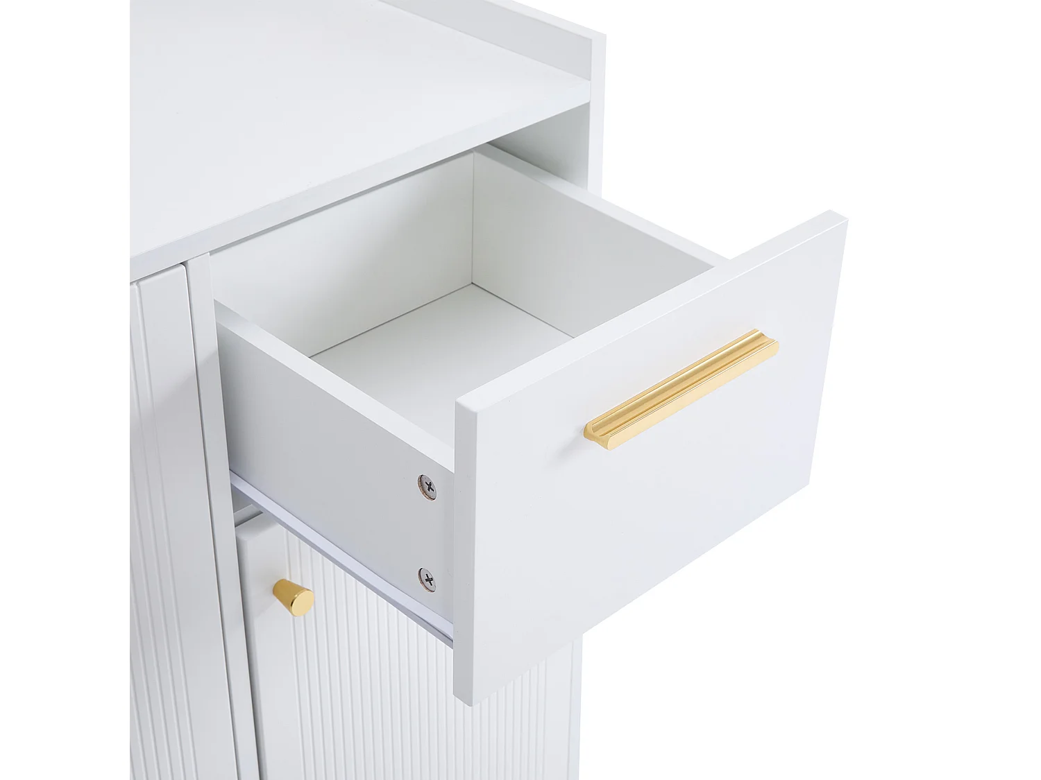 Biała szafka na buty z 2 szufladami i 4 drzwiami, złotymi uchwytami i nogami
