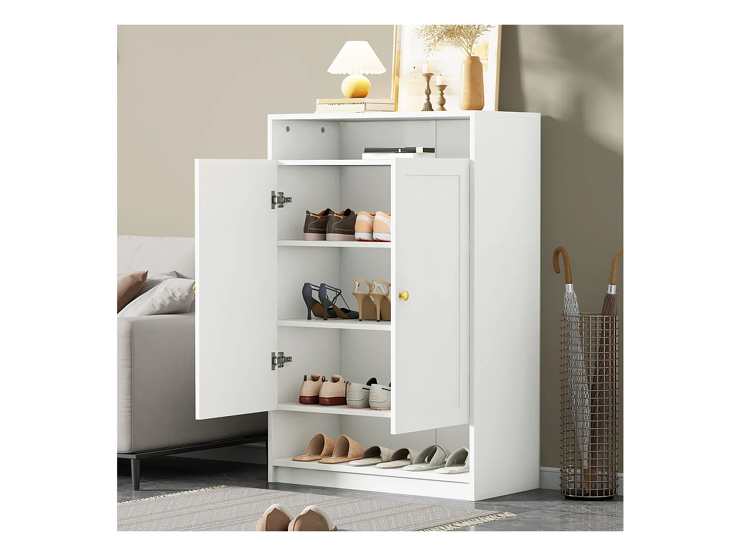 Meuble à chaussures blanc avec 2 portes et étagères réglables, poignées dorées - pour salon et entrée