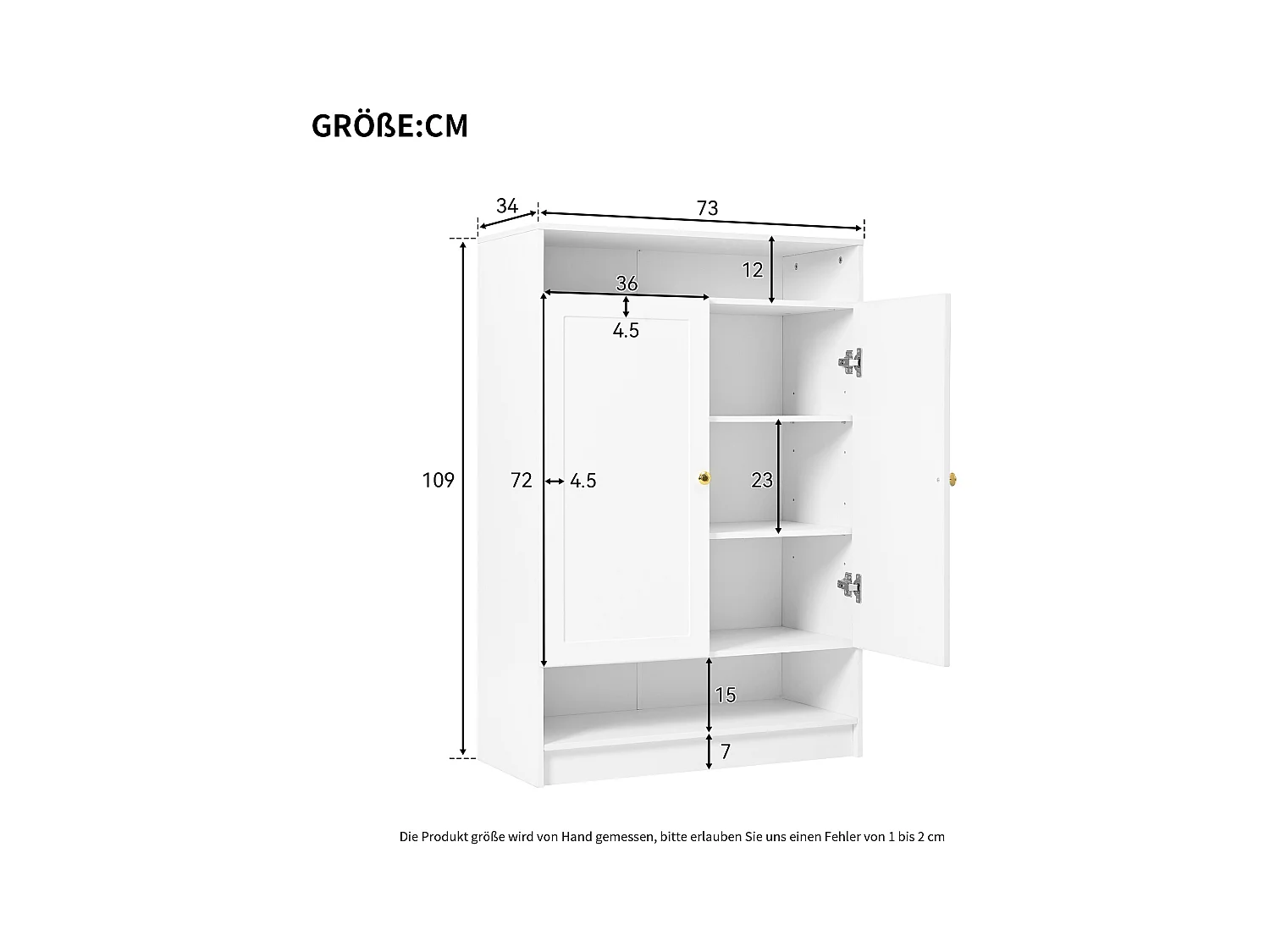 Meuble à chaussures blanc avec 2 portes et étagères réglables, poignées dorées - pour salon et entrée