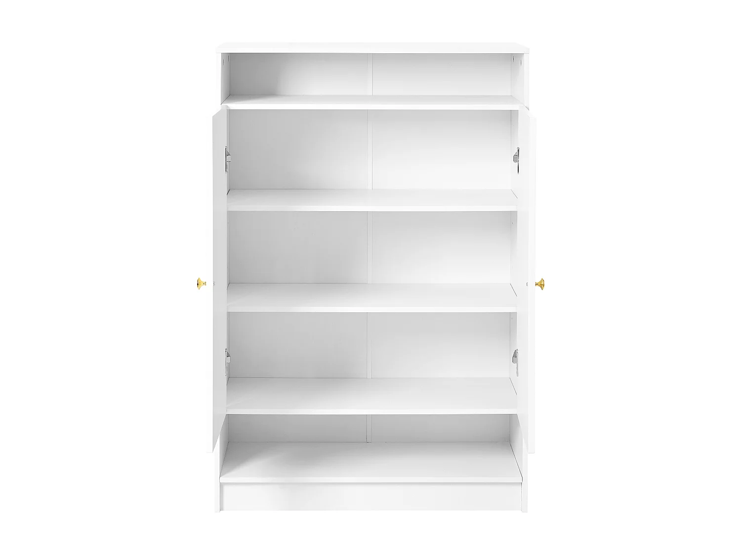 Witte schoenenkast met 2 deuren en verstelbare planken, gouden handgrepen - geschikt voor woonkamers en entrees