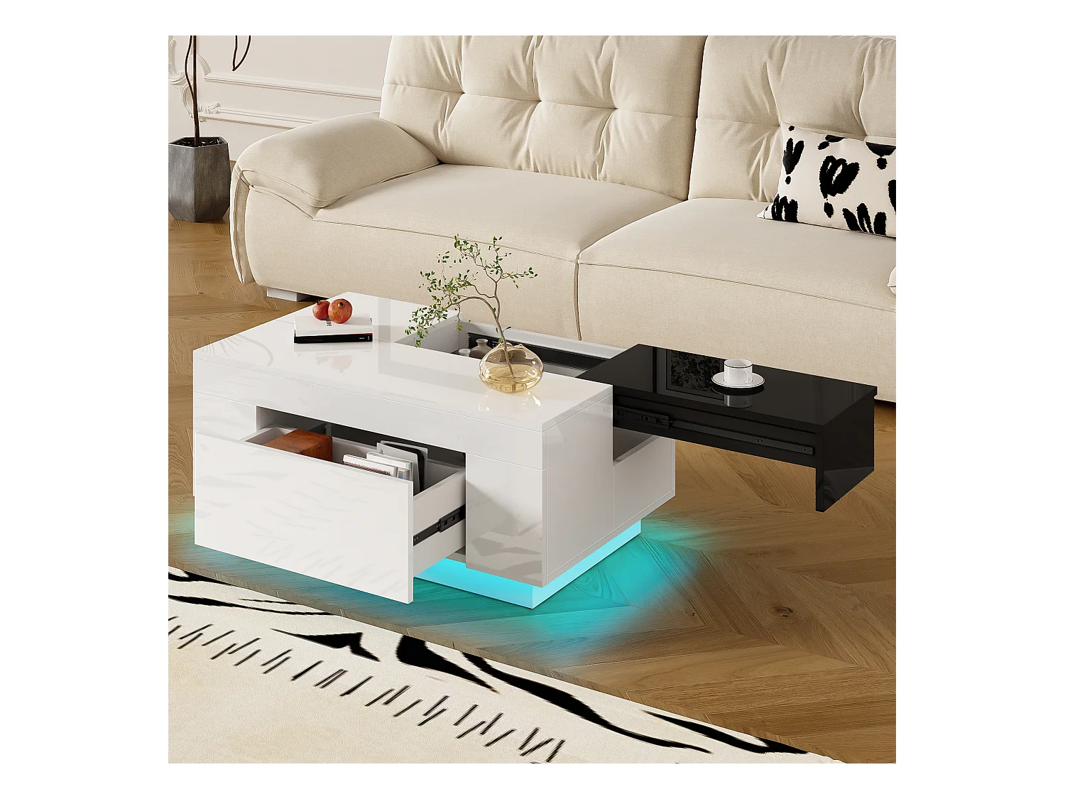 Table basse blanche avec plateau noir rétractable et 1 tiroir de rangement - Éclairage LED