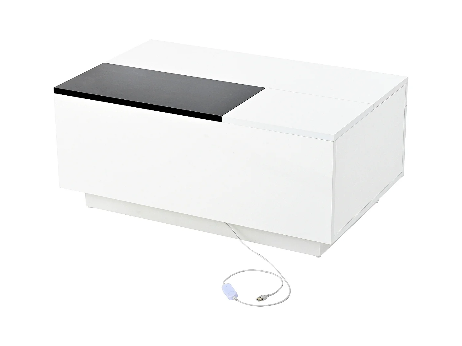 Table basse blanche avec plateau noir rétractable et 1 tiroir de rangement - Éclairage LED