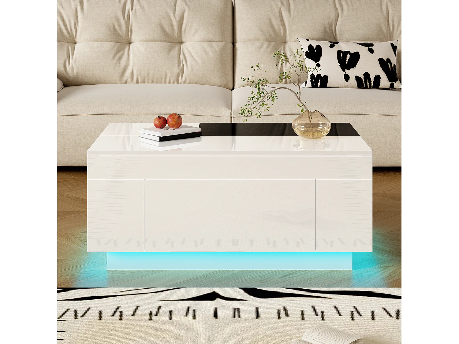 Table basse blanche avec plateau noir rétractable et 1 tiroir de rangement - Éclairage LED