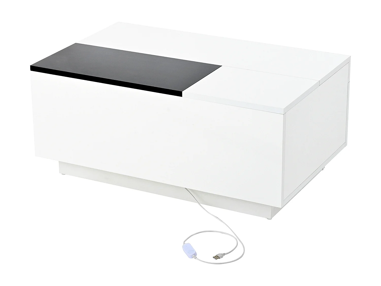 Table basse blanche avec plateau noir rétractable et 1 tiroir de rangement - Éclairage LED