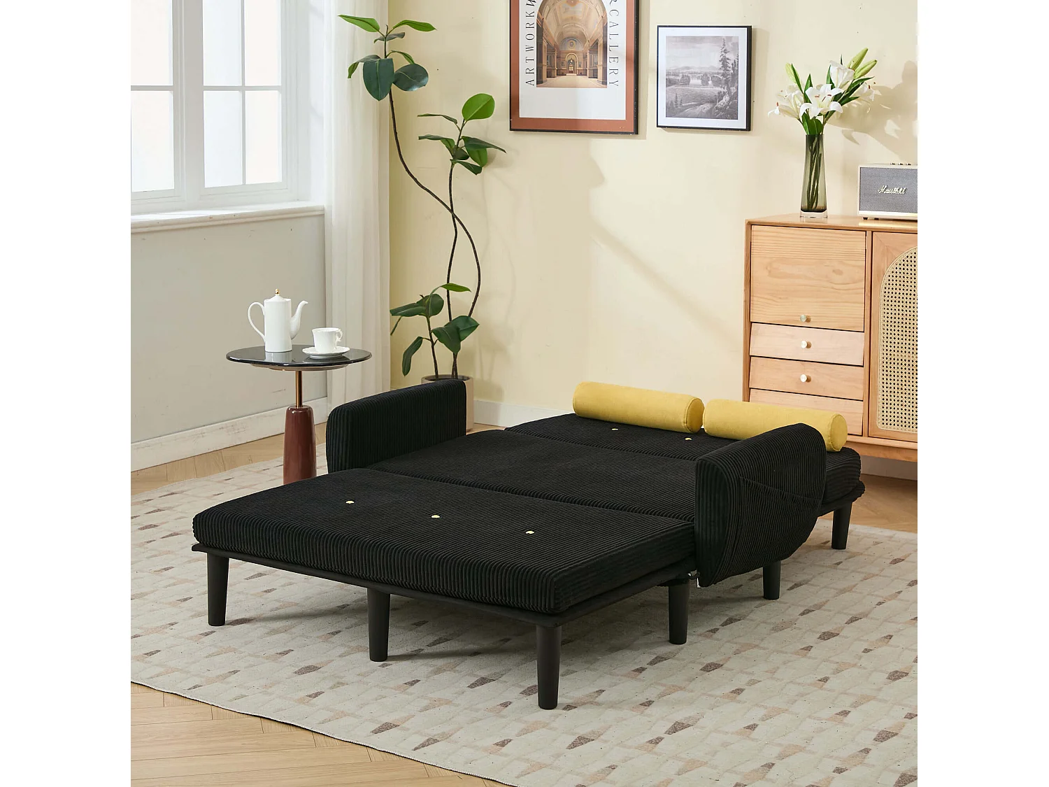 2-Sitzer Schlafsofa aus schwarzem Cord - umwandelbar in Bett oder Chaiselongue