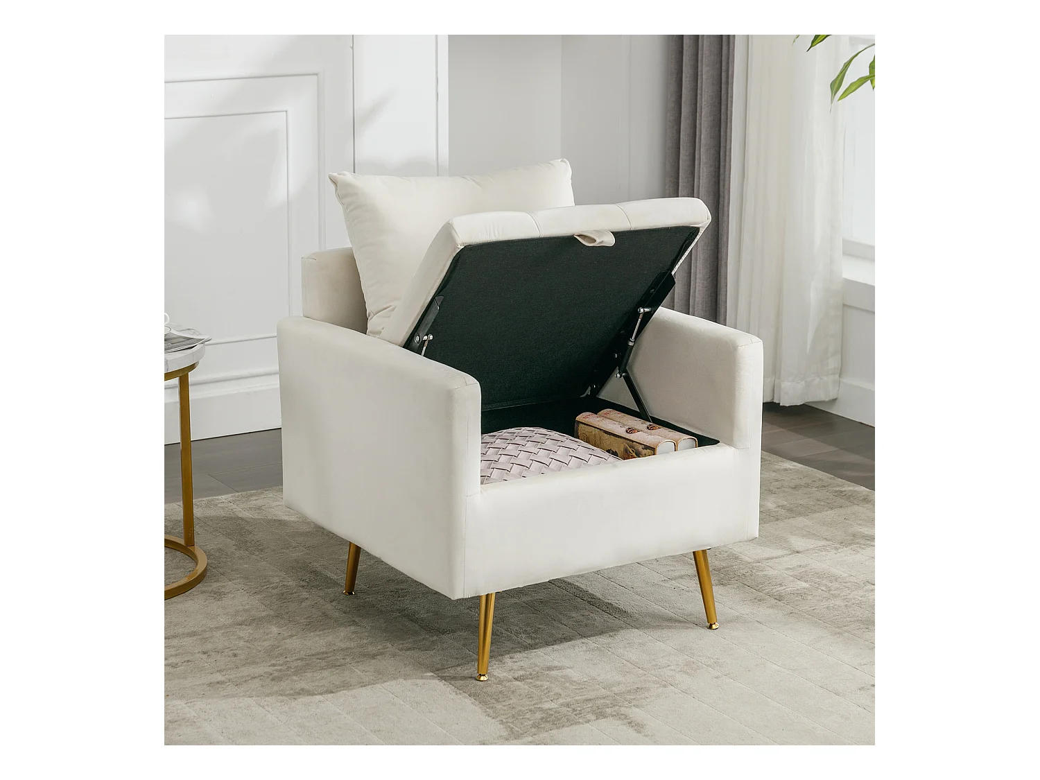 Canapé simple en velours beige avec accoudoirs et rangements, pieds en métal - pour salon et chambre