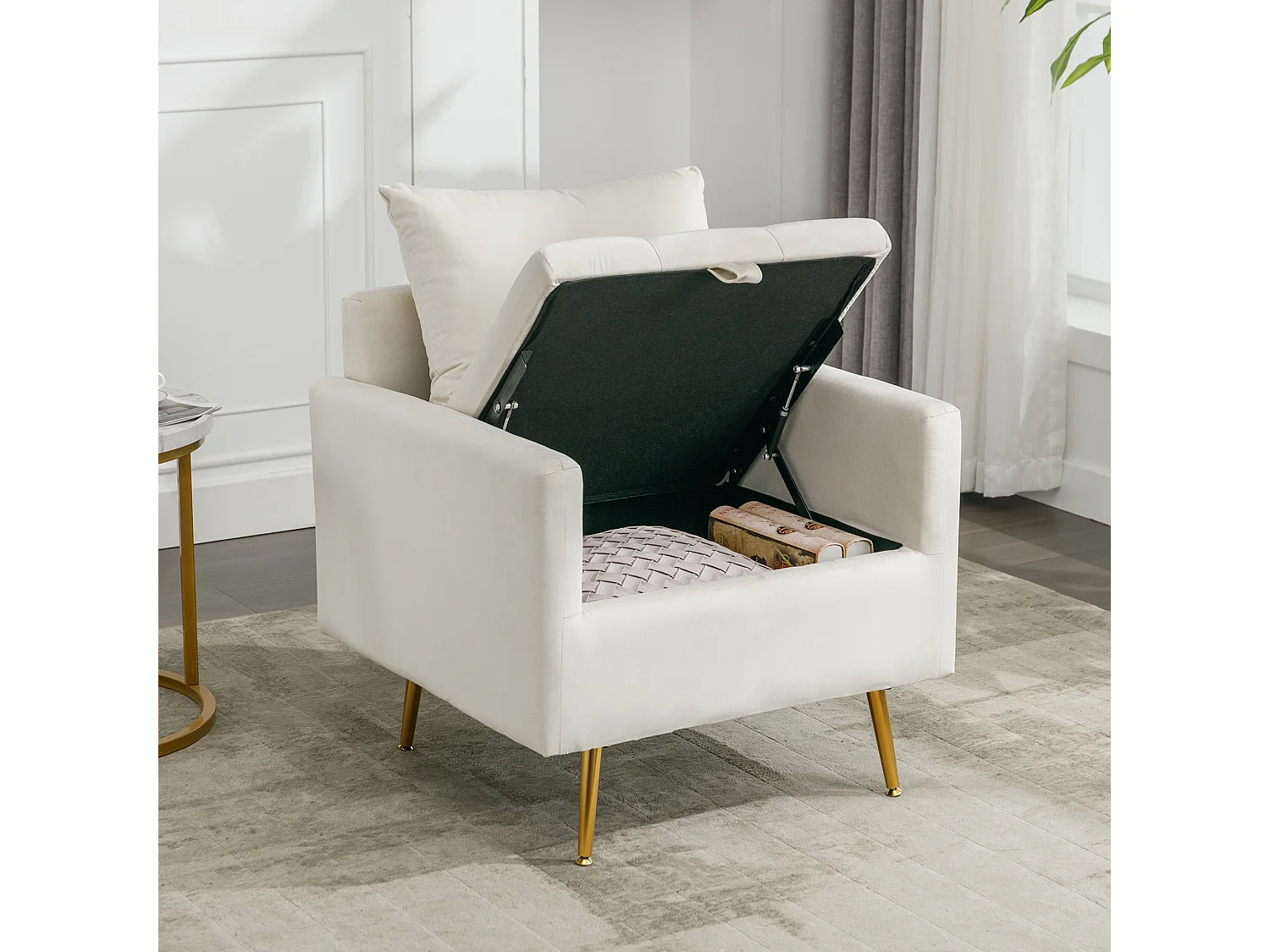 Canapé simple en velours beige avec accoudoirs et rangements, pieds en métal - pour salon et chambre