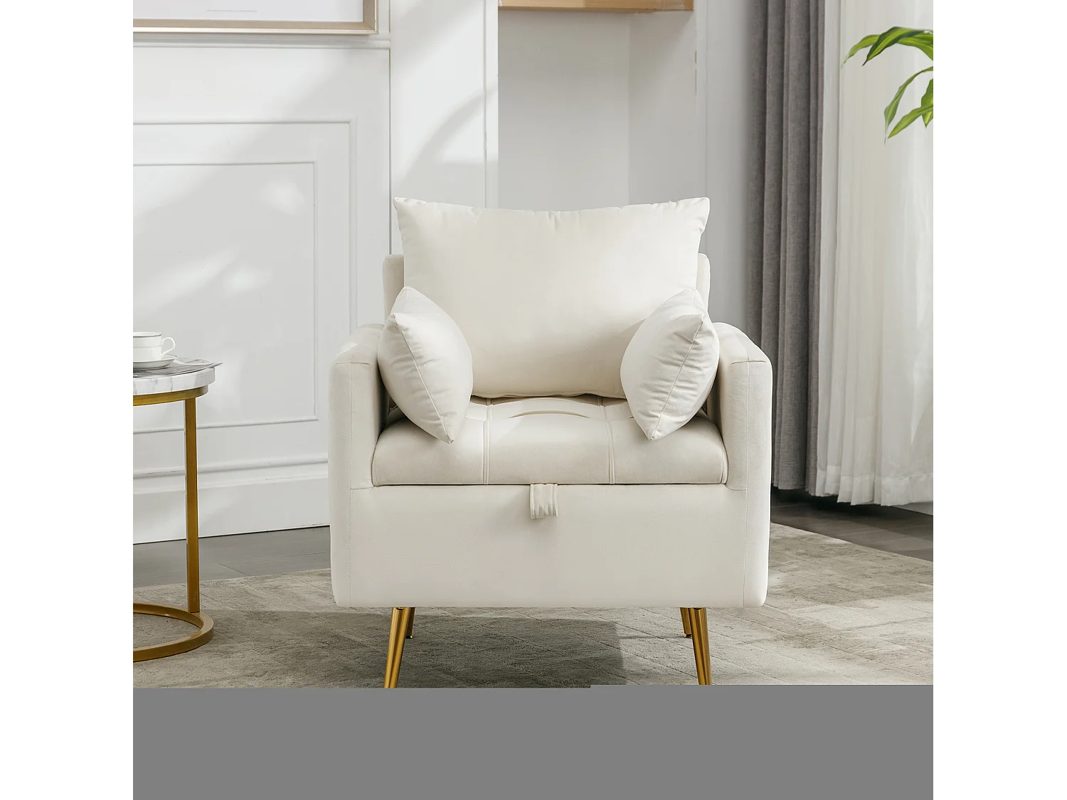 Canapé simple en velours beige avec accoudoirs et rangements, pieds en métal - pour salon et chambre