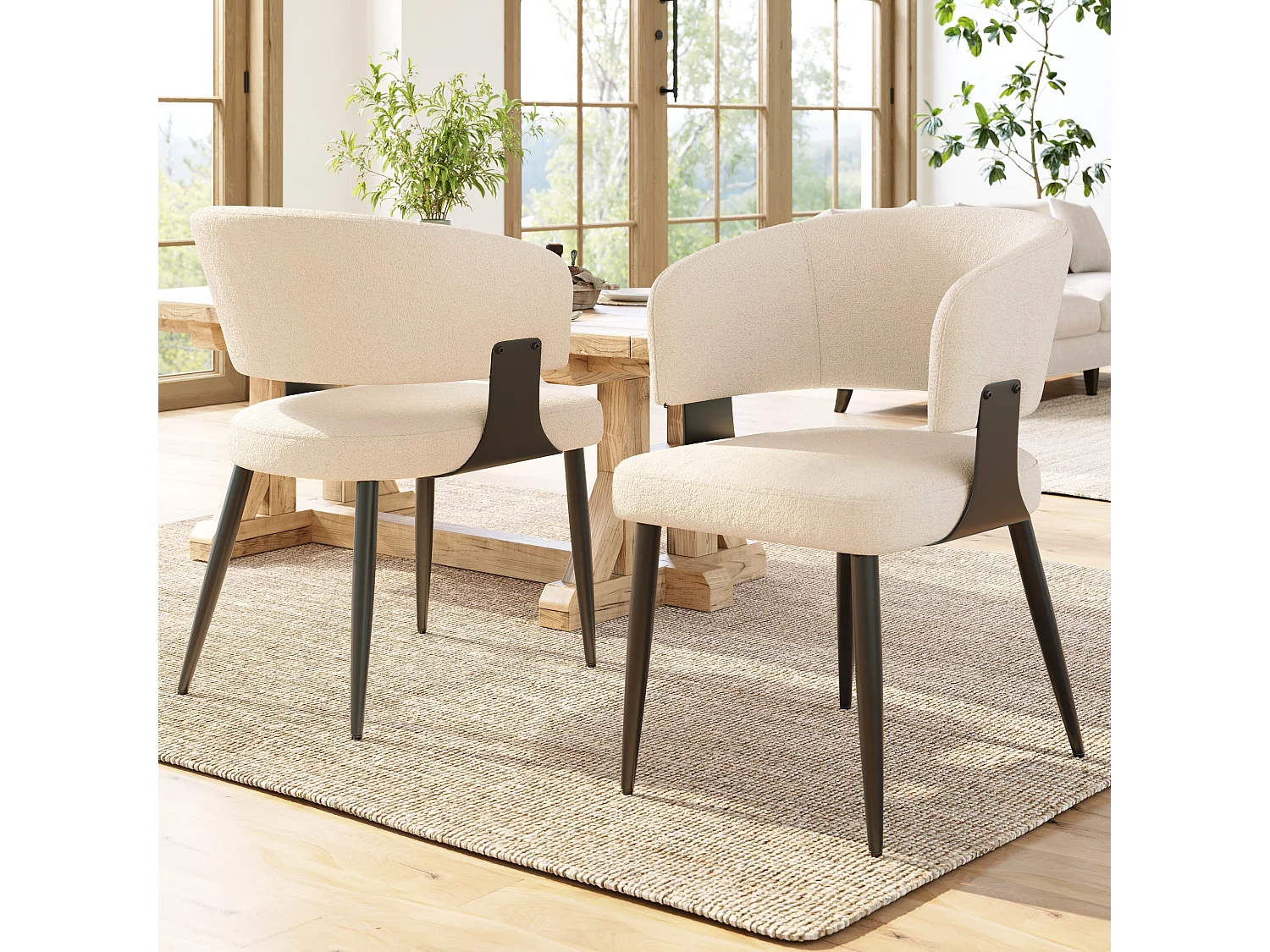 Lot de 2 chaises de salle à manger avec dossier courbé et pieds en métal noir - peluche beige