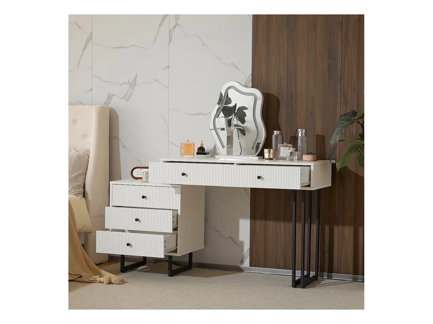Coiffeuse blanche avec miroir LED 3 couleurs, 5 tiroirs, pieds en métal noir – sans tabouret