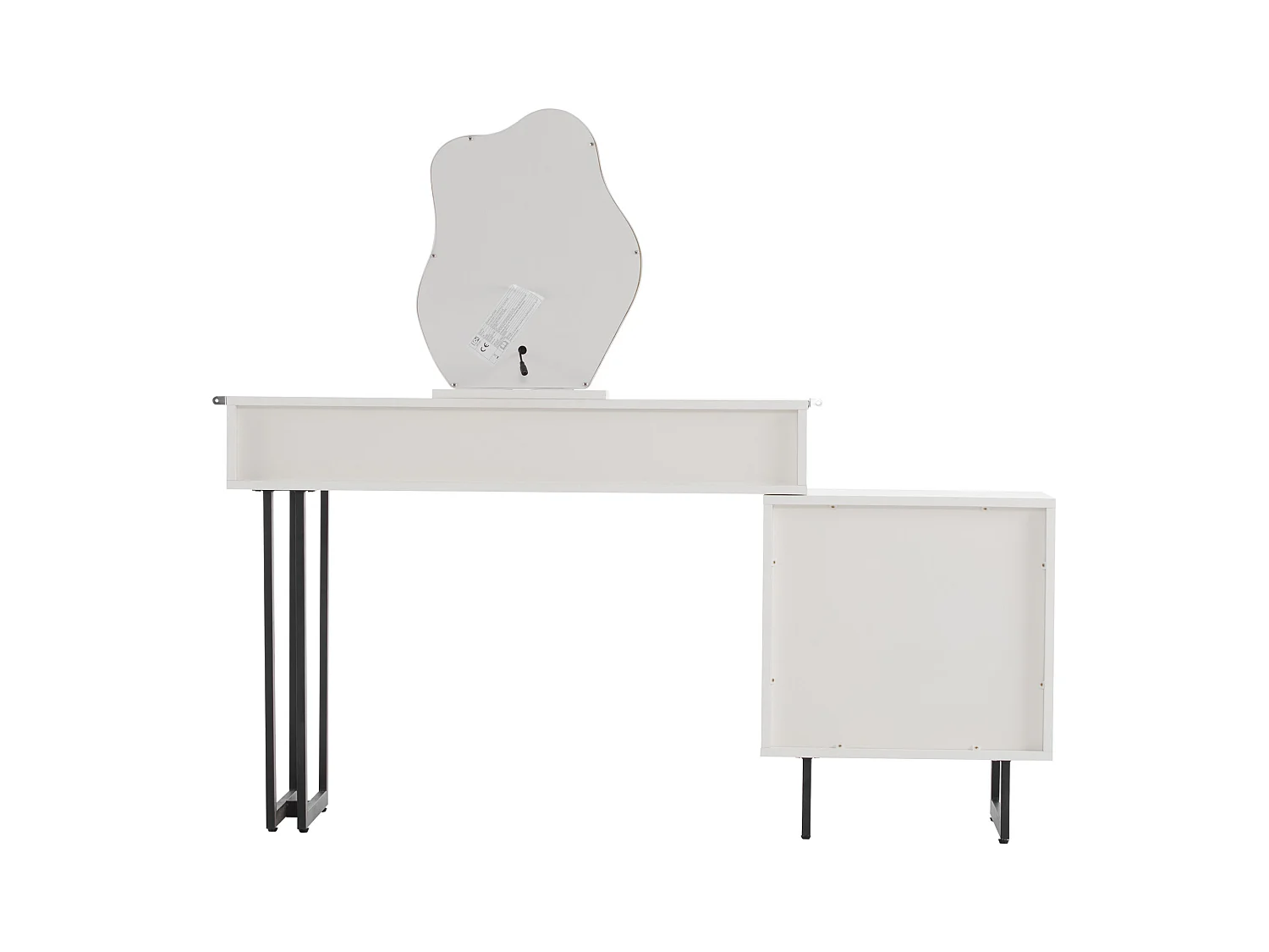 Coiffeuse blanche avec miroir LED 3 couleurs, 5 tiroirs, pieds en métal noir – sans tabouret