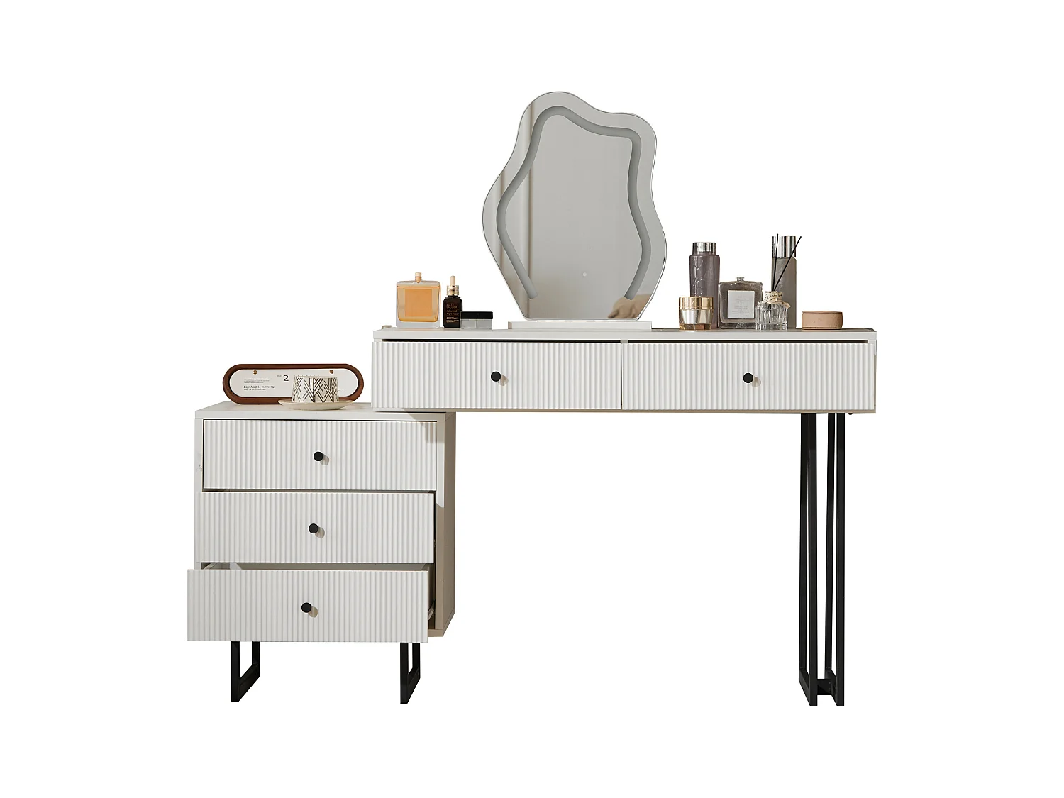 Coiffeuse blanche avec miroir LED 3 couleurs, 5 tiroirs, pieds en métal noir – sans tabouret