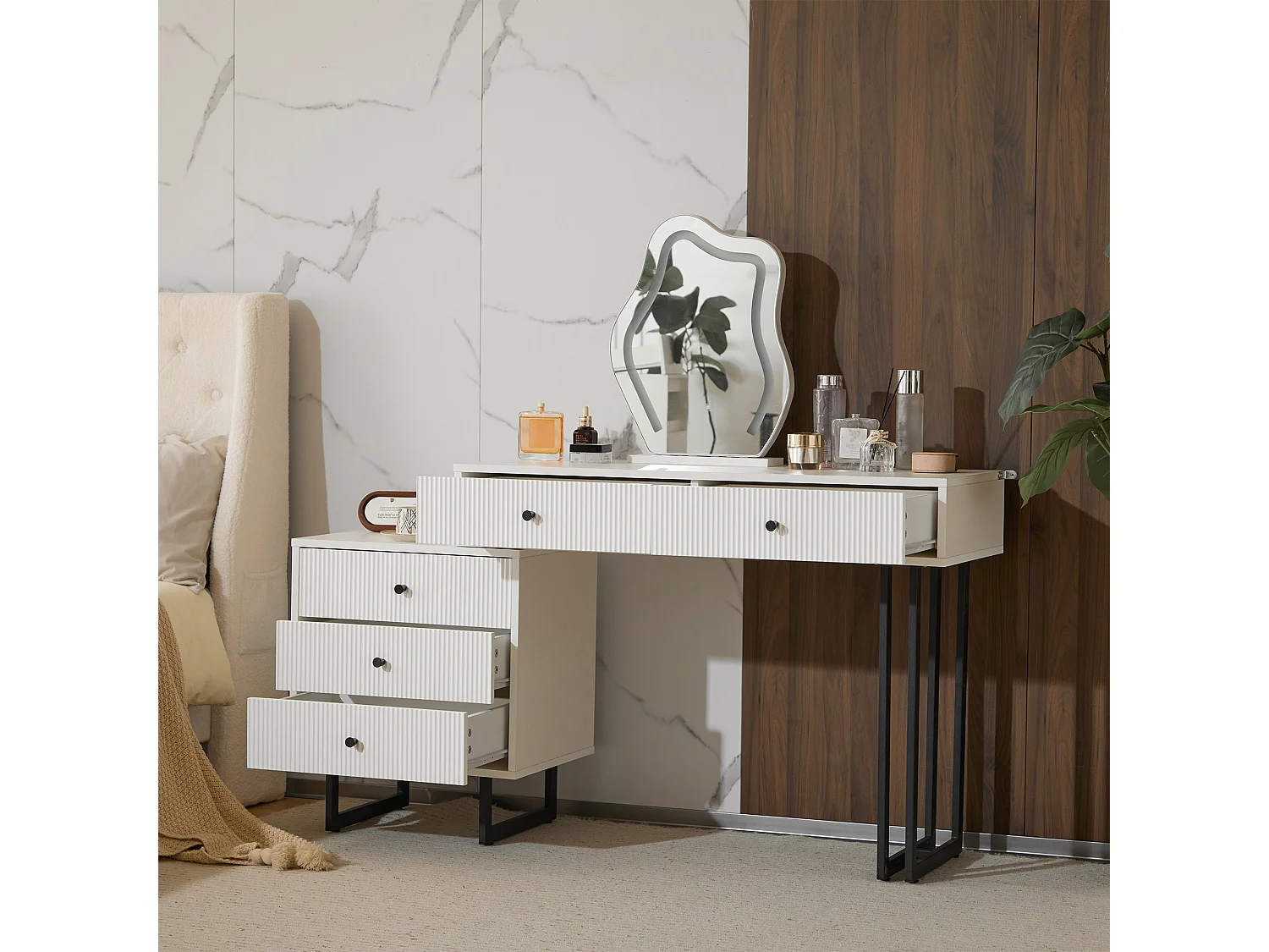 Coiffeuse blanche avec miroir LED 3 couleurs, 5 tiroirs, pieds en métal noir – sans tabouret
