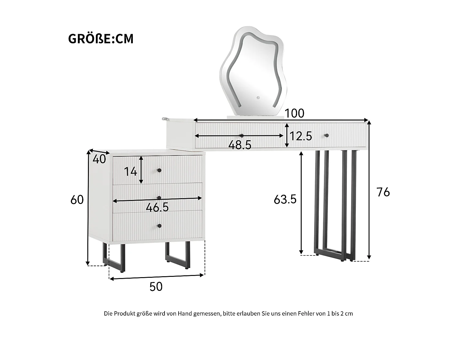Coiffeuse blanche avec miroir LED 3 couleurs, 5 tiroirs, pieds en métal noir – sans tabouret